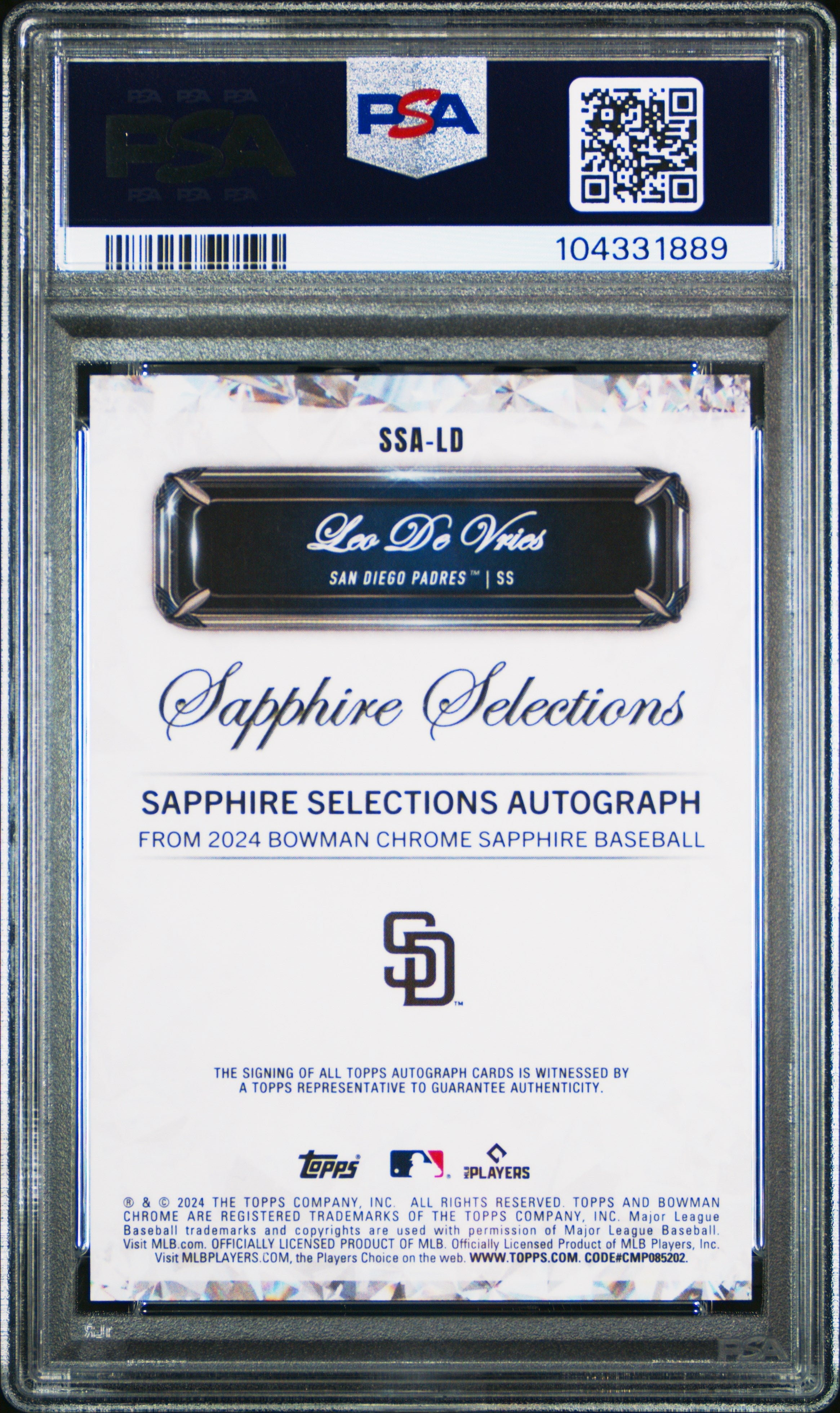 2024 Bowman Chrome Sapphire Edition Selections Auto Leo De Vries #SSALD PSA 10 - Graded Sports Cards