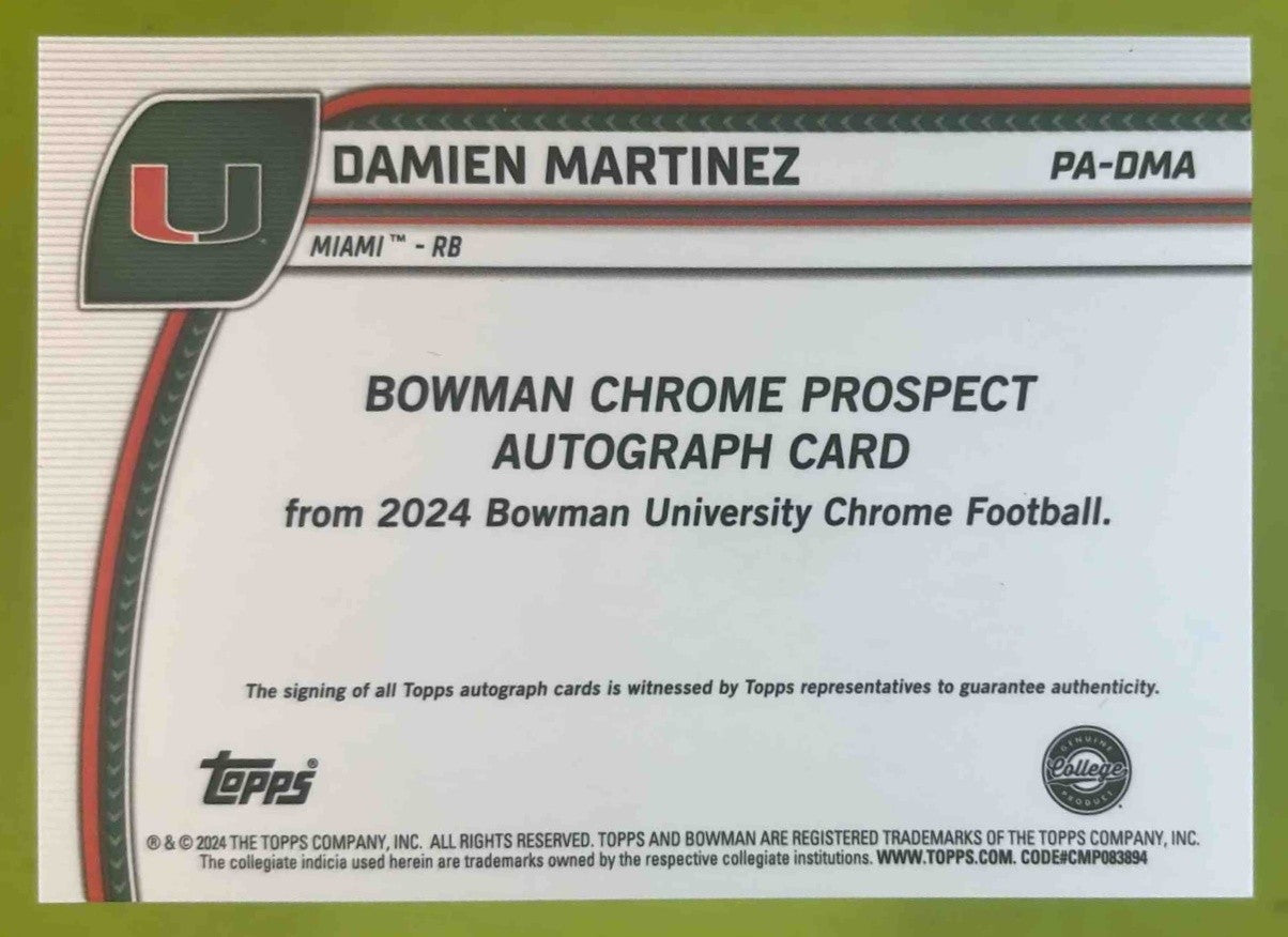 2024 Bowman Chrome University Damien Martinez Prospect Auto Miami Hurricanes - Sports Cards