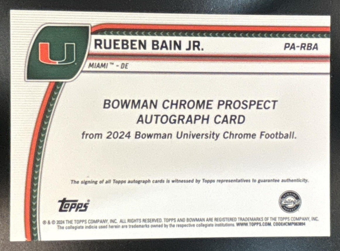 2024 Bowman Chrome University Rueben Bain Jr. Prospect Auto Miami Hurricanes - Sports Cards