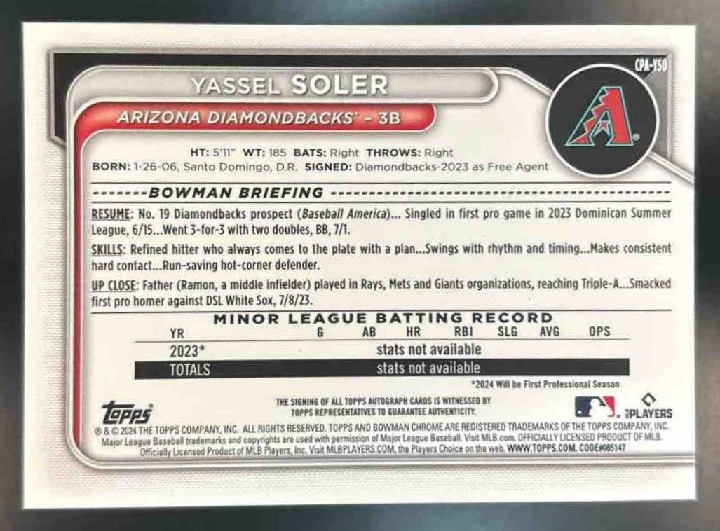 2024 Bowman Chrome Yassel Soler Auto Mini Diamond /100 1st Prospect Diamondbacks - Sports Cards