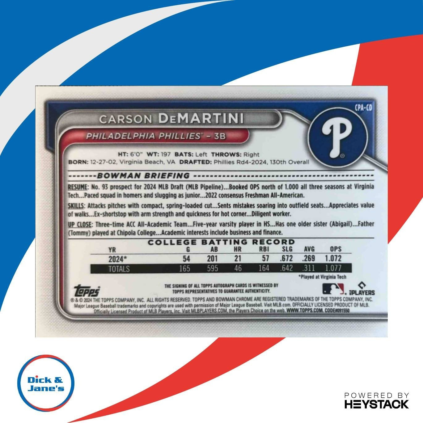 2024 Bowman Draft Chrome Carson DeMartini Auto 1st Prospect Phillies - Sports Cards