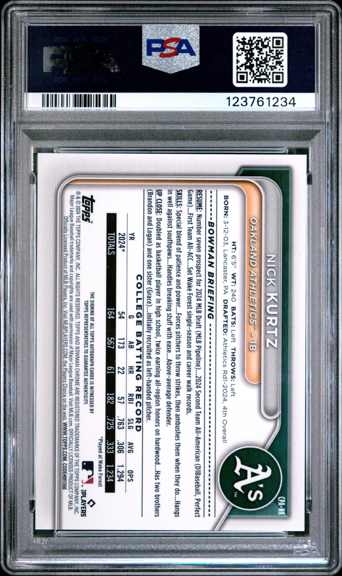 2024 Bowman Draft - Chrome Prospect Autographs Nick Kurtz Auto PSA 10