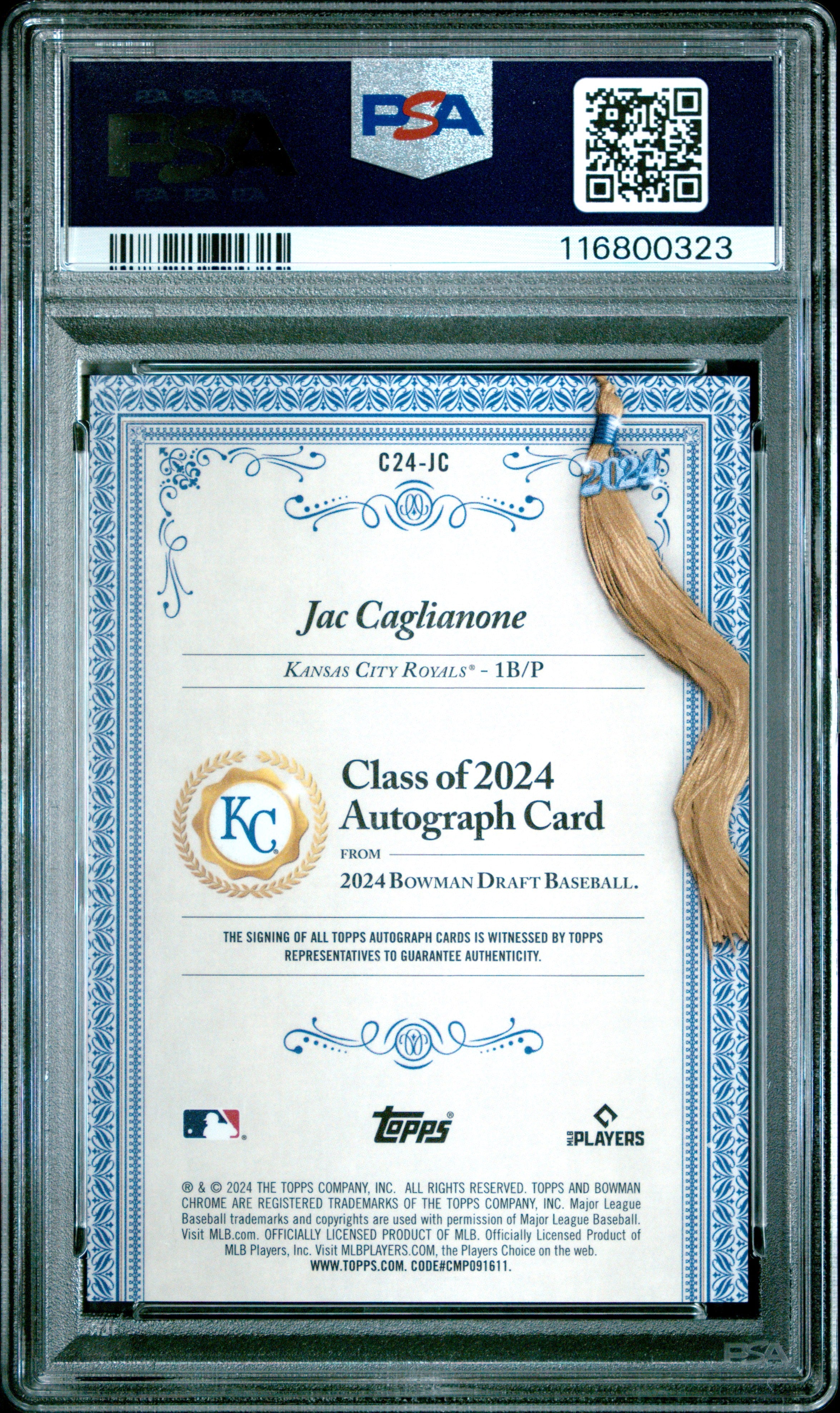 2024 Bowman Draft Class of 2024 Autos Jac Caglianone Green Ref 27/99 PSA 10 GEM - Graded Sports Cards