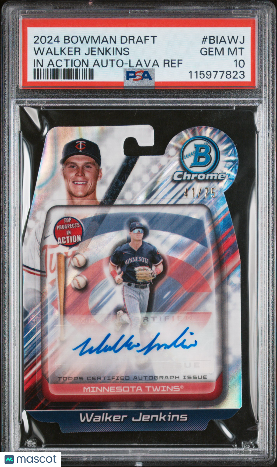 2024 Bowman Draft In Action Autographs Walker Jenkins Lava Ref 41/75 PSA 10 - Graded Sports Cards