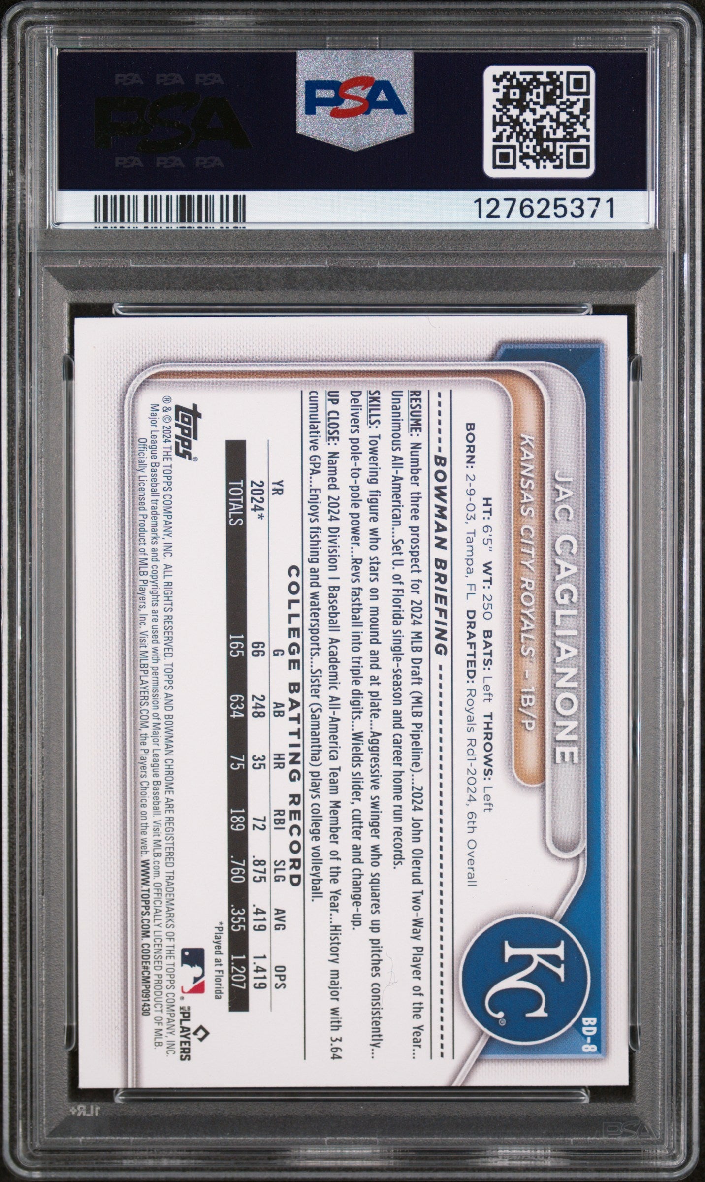 2024 Bowman Draft Jac Caglianone Blue Border 094/150 #BD8 PSA 9 - Graded Sports Cards