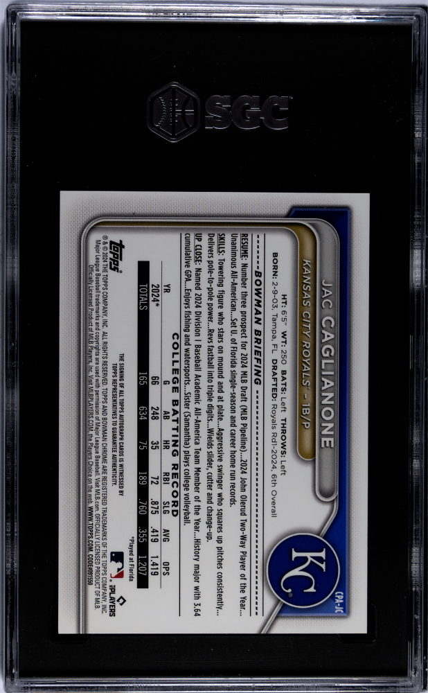 2024 Bowman Draft Jac Caglianone CHR. Pros. Autograph #CPA-JC SGC 9 - Graded Sports Cards