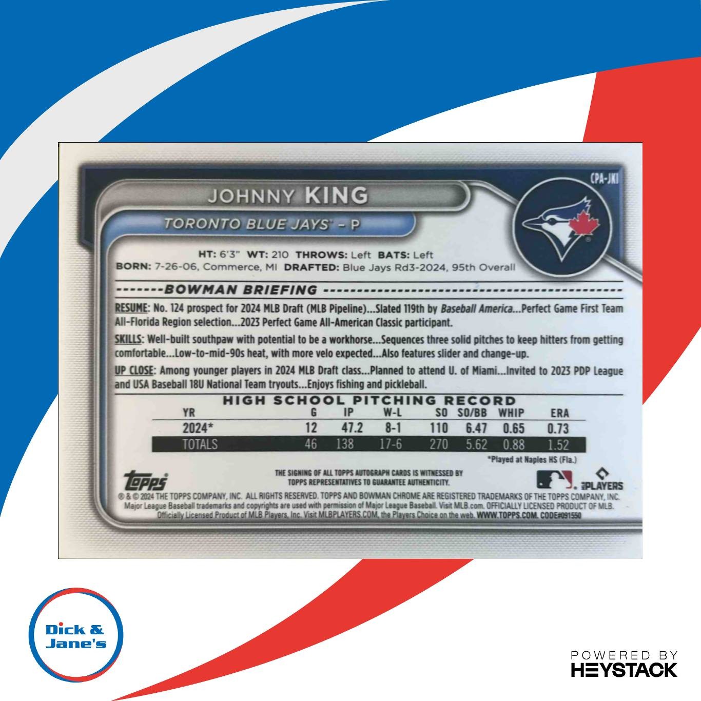 2024 Bowman Draft Johnny King Chrome Auto CPA-JKI 1st Prospect Toronto Blue Jays - Sports Cards