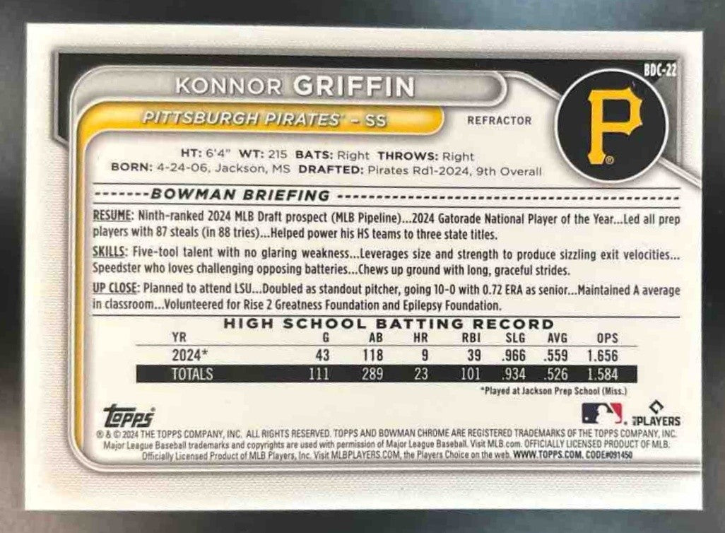 2024 Bowman Draft Konnor Griffin Chrome Refractor #BDC-22 1st Prospect Pirates - Sports Cards