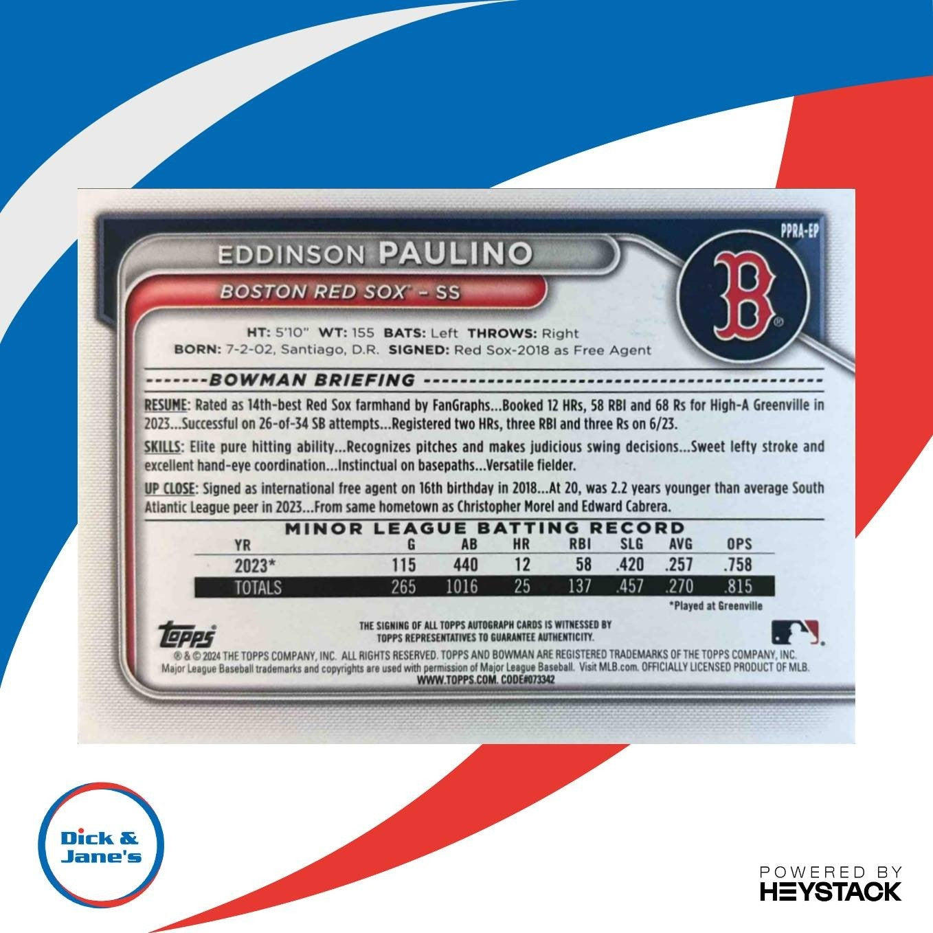 2024 Bowman Eddinson Paulino Prospect Auto #PPRA-EP Boston Red Sox - Sports Cards