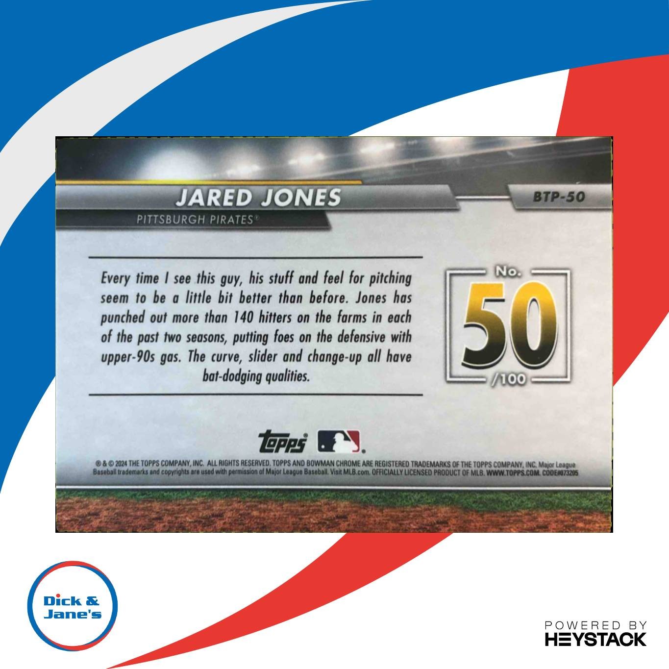 2024 Bowman Jared Jones Scouts’ Top 100 Green Refractor /99 RC Pittsburgh Pirate - Sports Cards