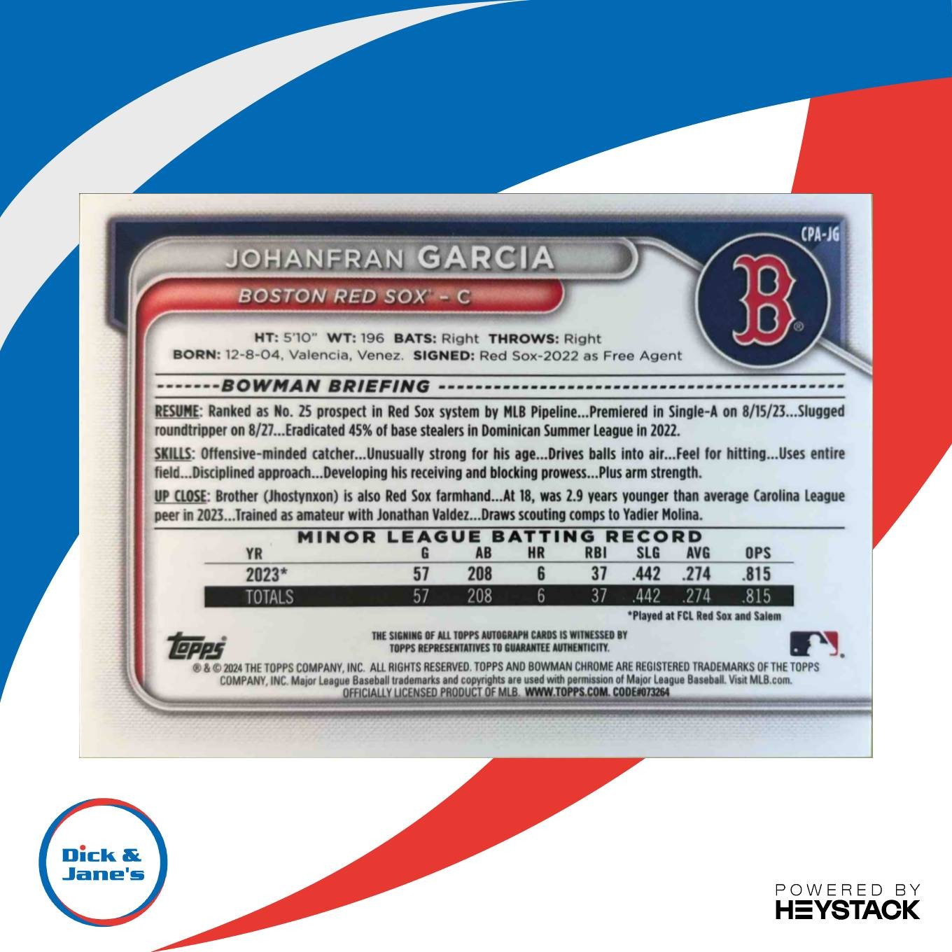 2024 Bowman Johanfran Garcia Chrome Auto Mini Diamond Refractor/100 Prospect Sox - Sports Cards