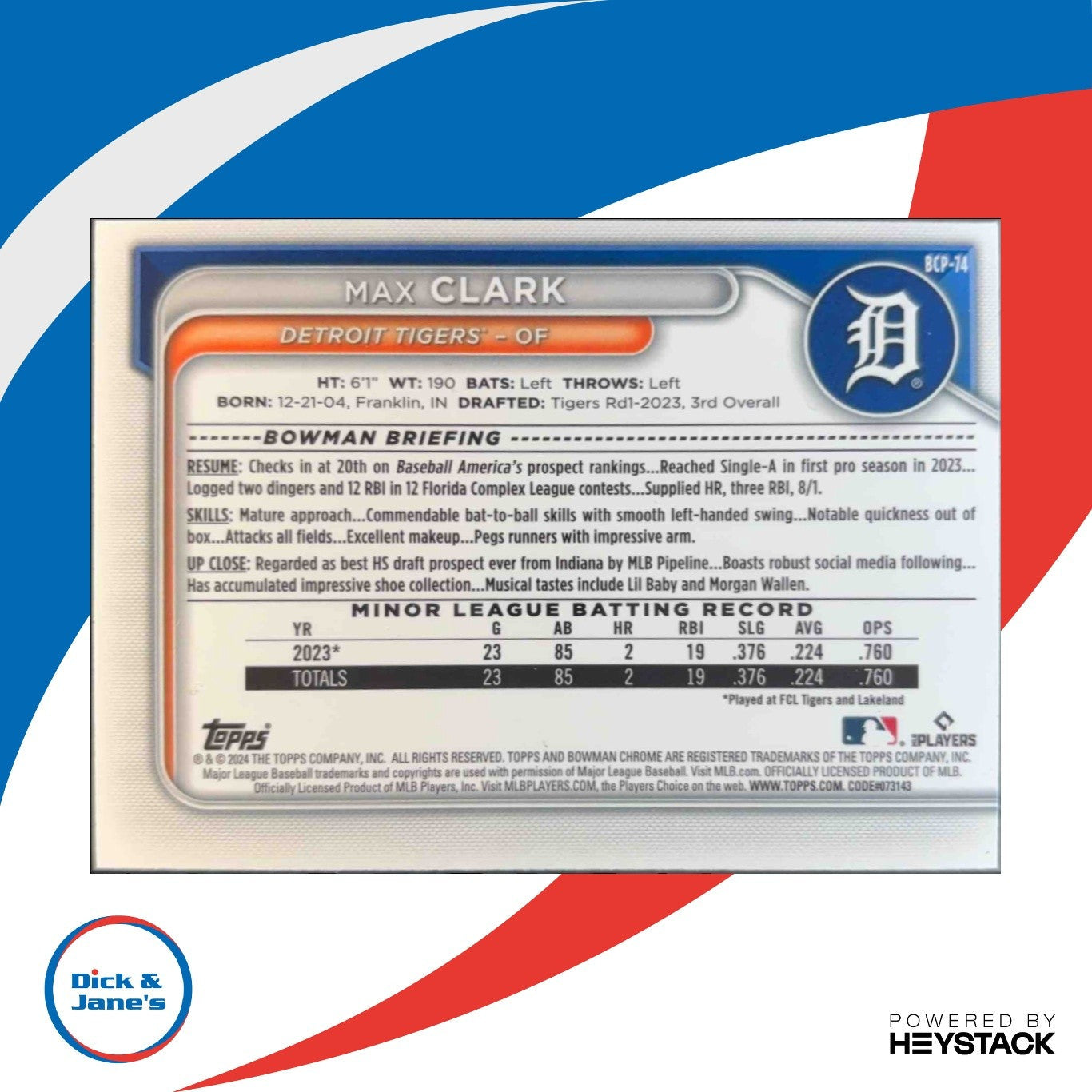2024 Bowman Max Clark Chrome Prospects Fuchsia Refractor 169/199 Detroit Tigers - Sports Cards