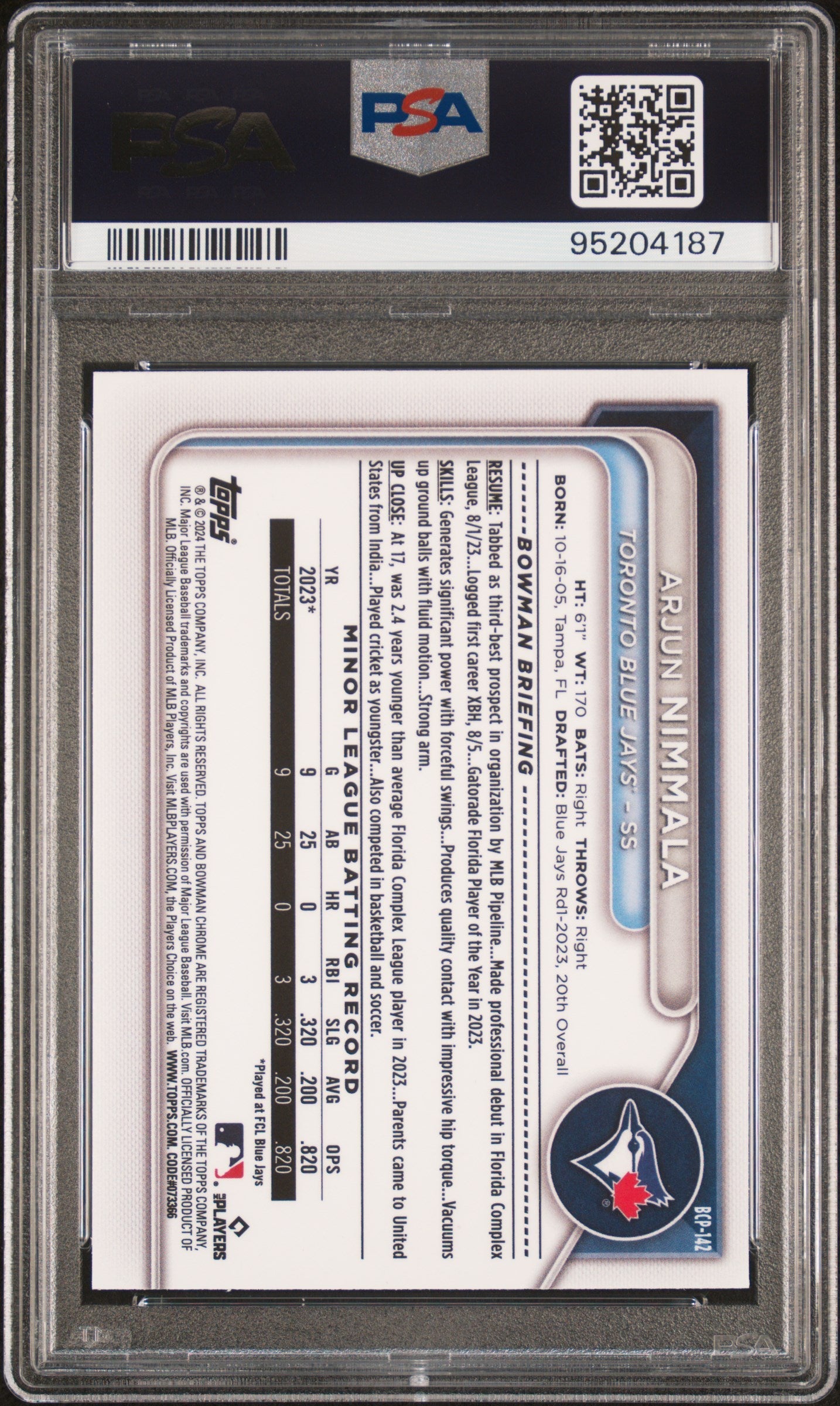 2024 Bowman Mega Box Chrome Prospects Arjun Nimmala #142 PSA 9 - Graded Sports Cards
