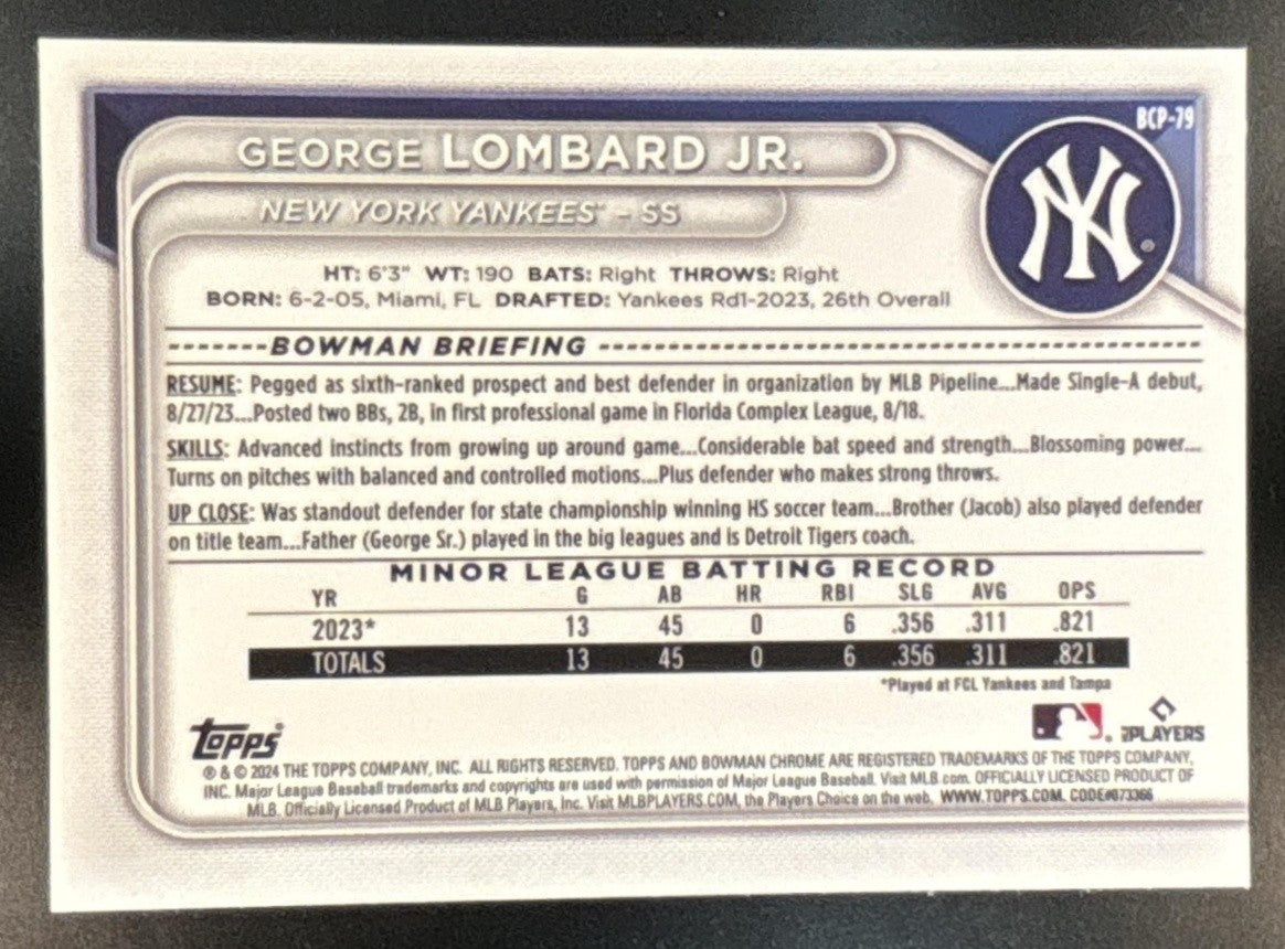 2024 Bowman Mega Box George Lombard Jr. Chrome Prospects Mojo #BCP-79 Yankees - Sports Cards