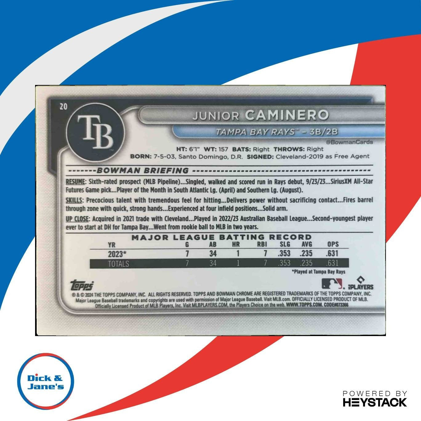 2024 Bowman Mega Box Junior Caminero Mojo Navy Refractor /175 #20 Tampa Bay Rays - Sports Cards