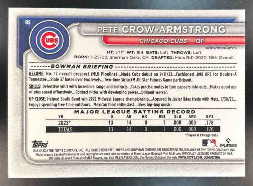 2024 Bowman Mega Box Pete Crow-Armstrong Mojo Refractor #85 Chicago Cubs - Sports Cards