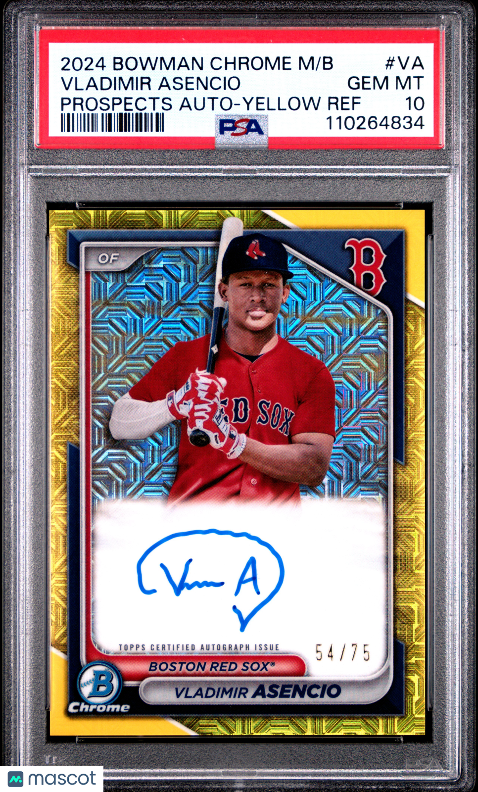 2024 Bowman Mega Chrome Prospect Mega Auto Vladimir Asencio Yellow /75 PSA 10 - Graded Sports Cards