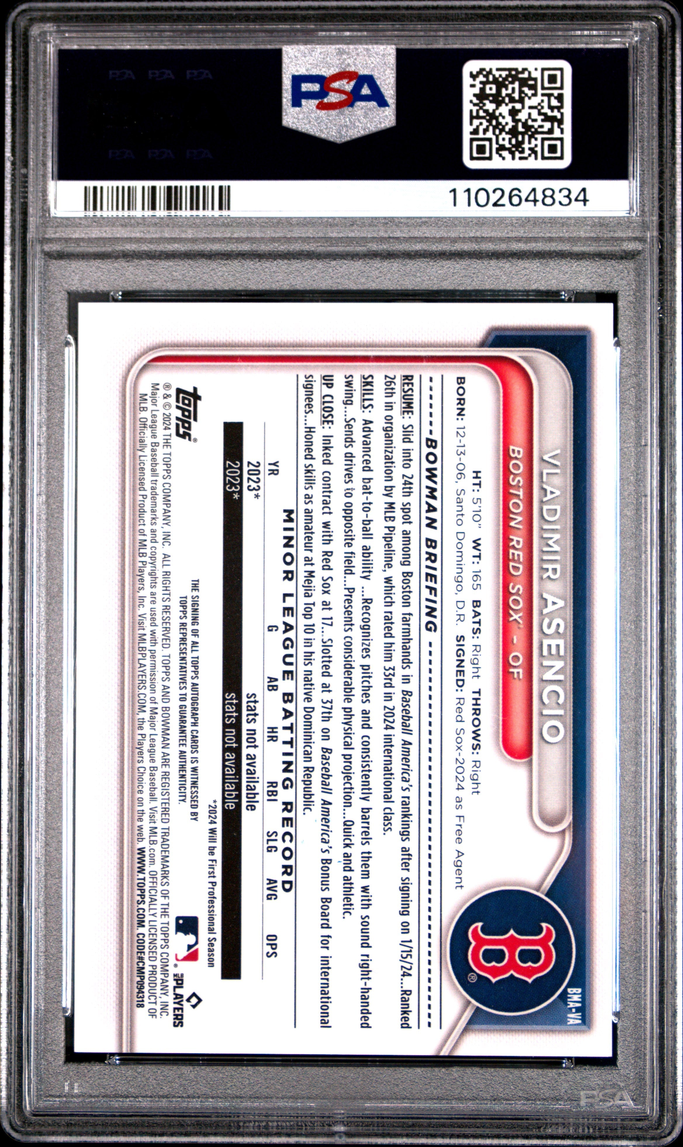 2024 Bowman Mega Chrome Prospect Mega Auto Vladimir Asencio Yellow /75 PSA 10 - Graded Sports Cards