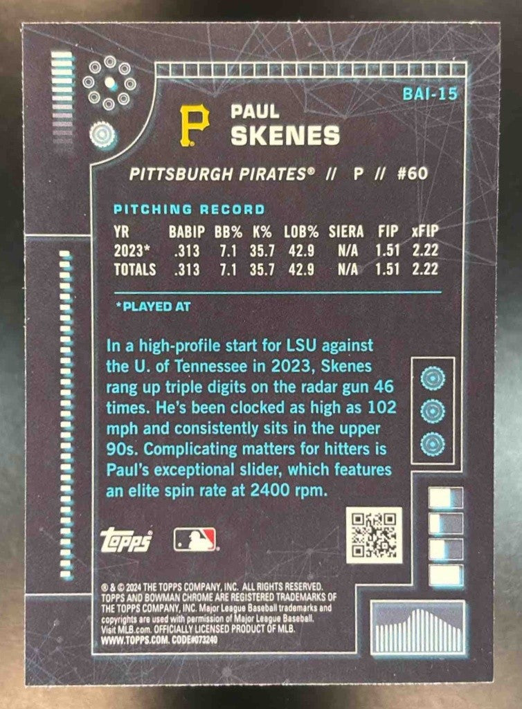 2024 Bowman Paul Skenes A.I. Chrome #BAI-15 RC Pittsburgh Pirates - Sports Cards