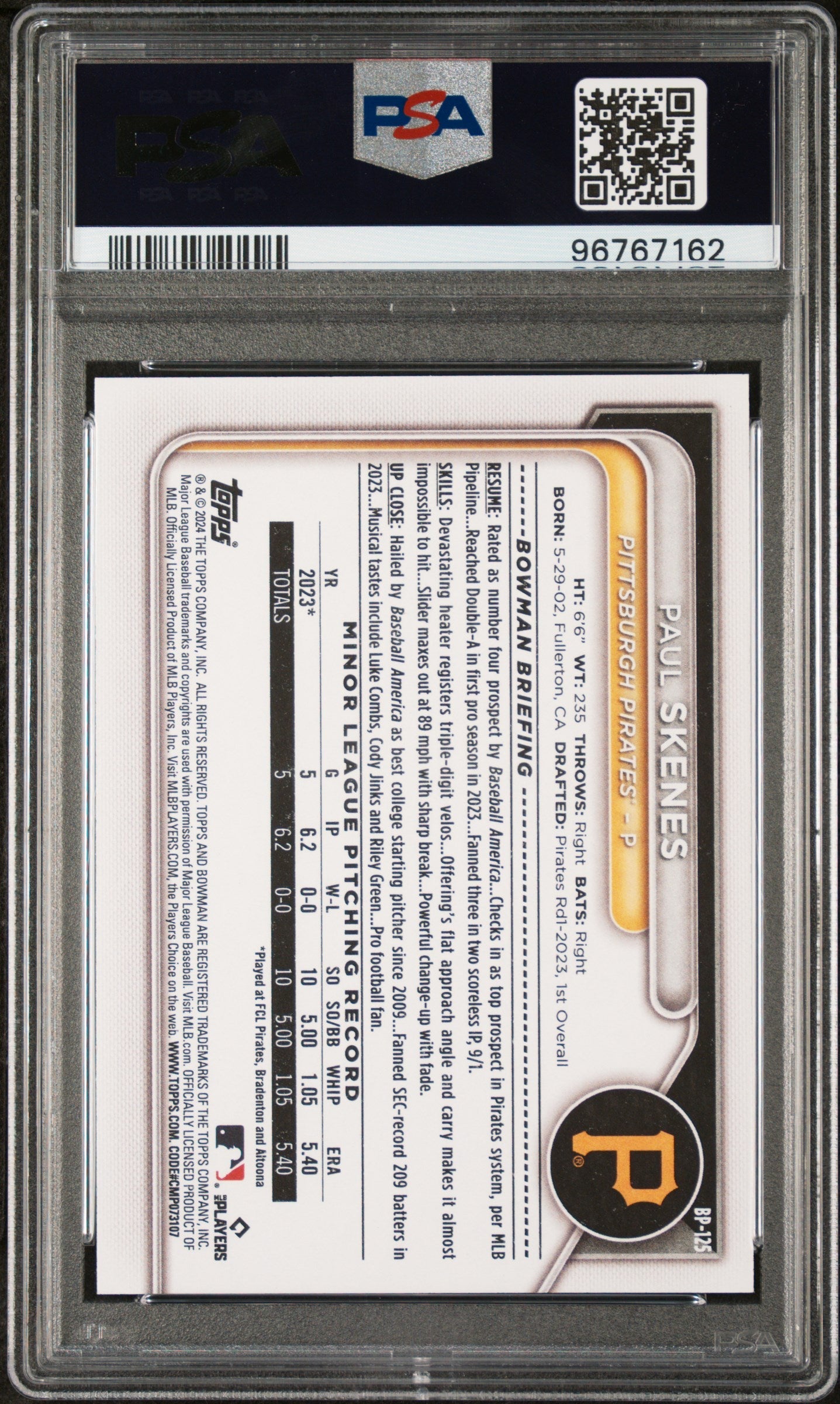 2024 Bowman Prospects Paul Skenes #BP125 PSA 9 MINT Pittsburgh Pirates Graded Sports Cards