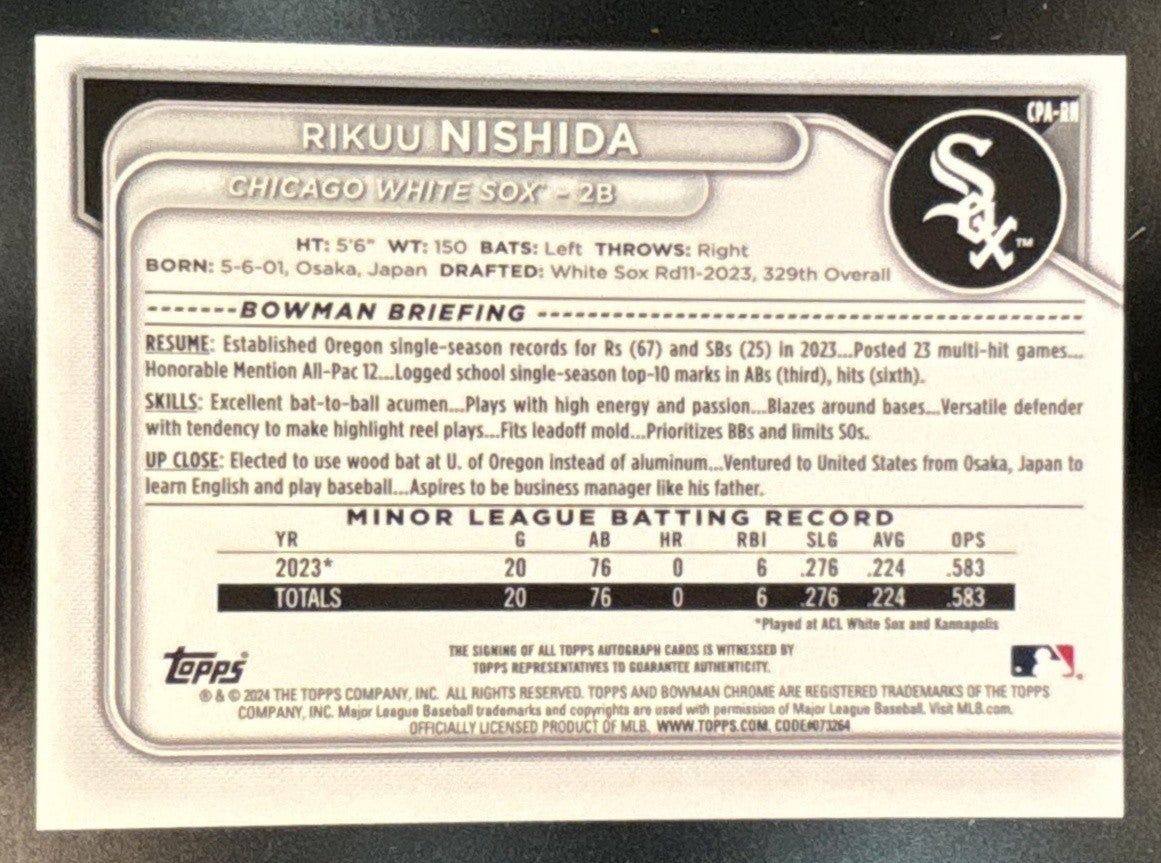 2024 Bowman Rikuu Nishida Chrome Auto #CPA-RN 1st Prospect Chicago White Sox - Sports Cards