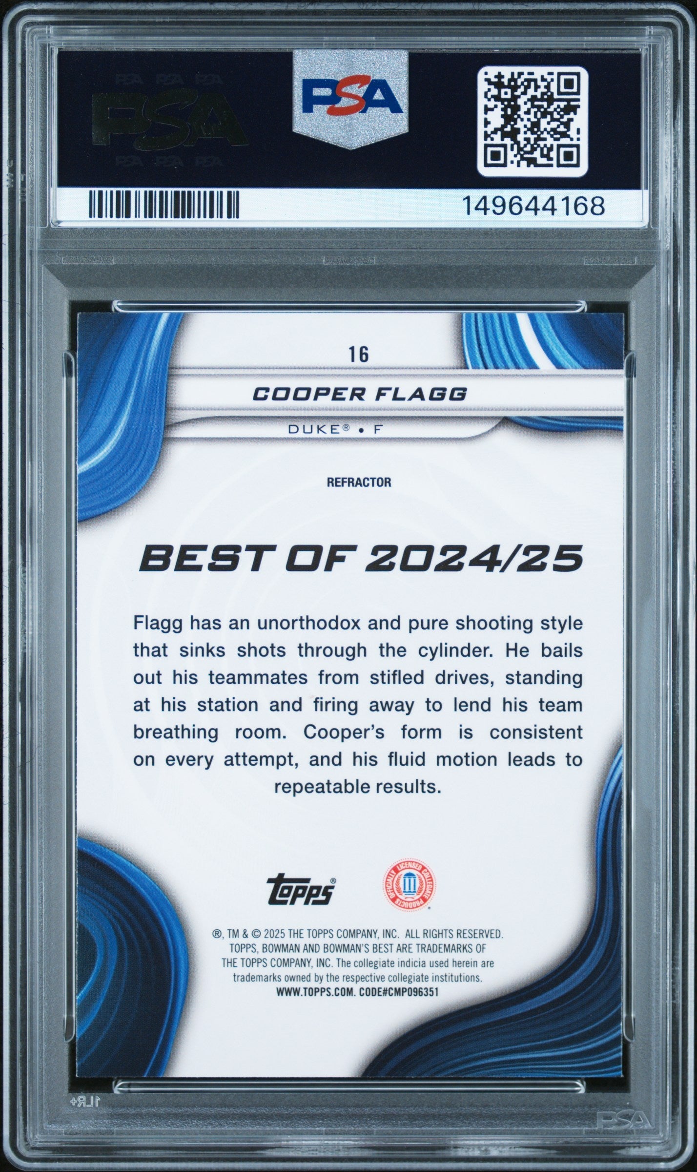 2024 Bowman University Best Cooper Flagg Refractor Rookie #16 PSA 10 GEM MINT - Graded Sports Cards
