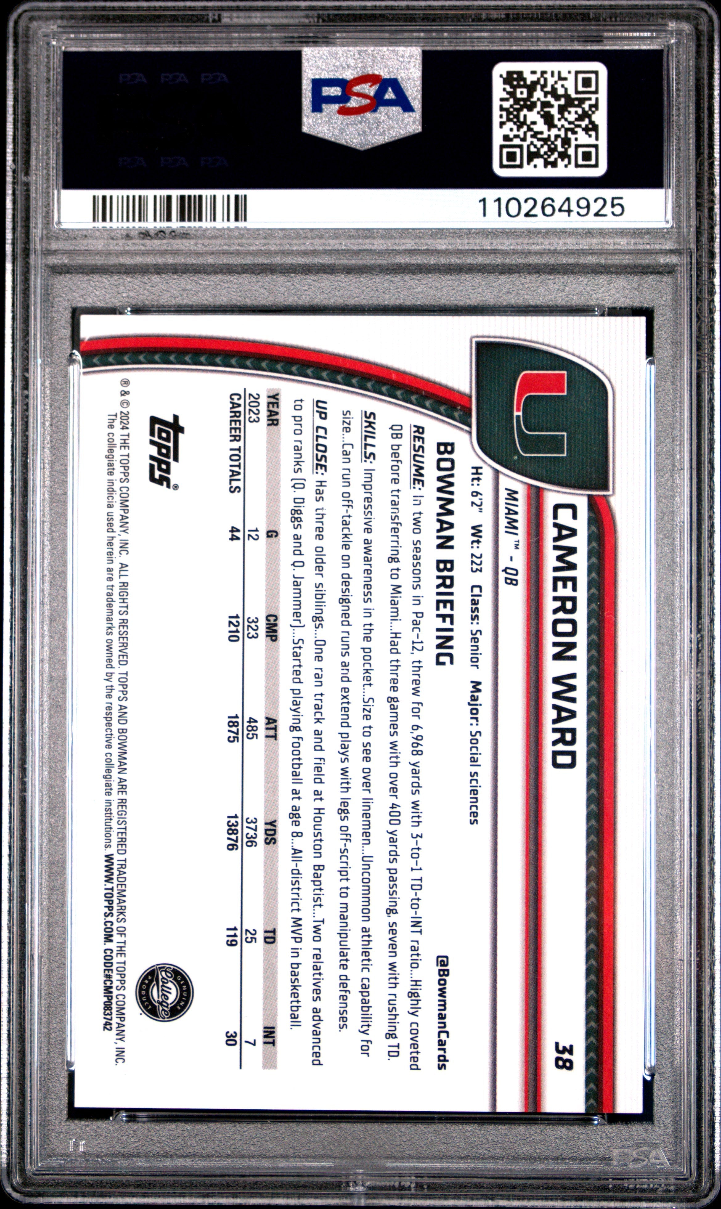 2024 Bowman University Chrome Cameron Ward Fuchsia Refractor #38 PSA 9 - Graded Sports Cards