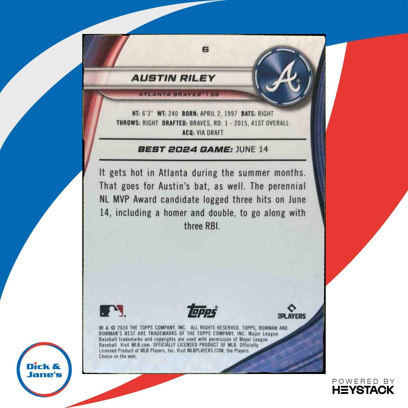 2024 Bowman’s Best Austin Riley Blue Refractor 7/150 #6 Atlanta Braves - Sports Cards