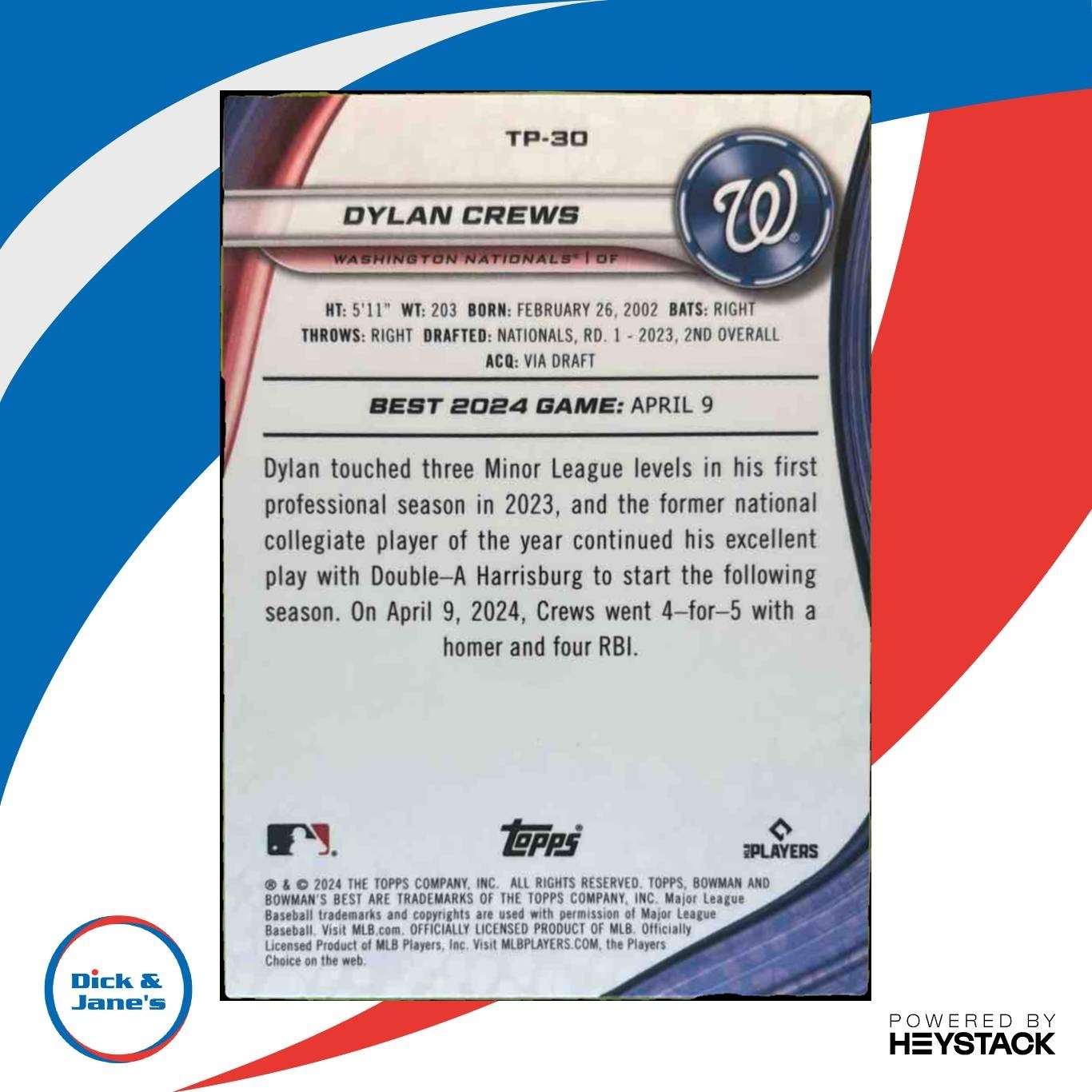 2024 Bowman’s Best Dylan Crews Prospects Purple /250 #TP-30 Washington Nationals - Sports Cards