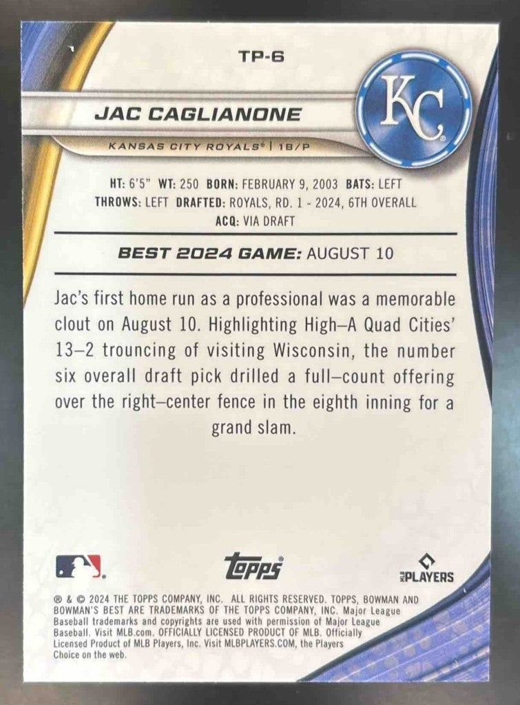 2024 Bowman’s Best Jac Caglianone Prospects Blue /150 #TP-6 Kansas City Royals - Sports Cards