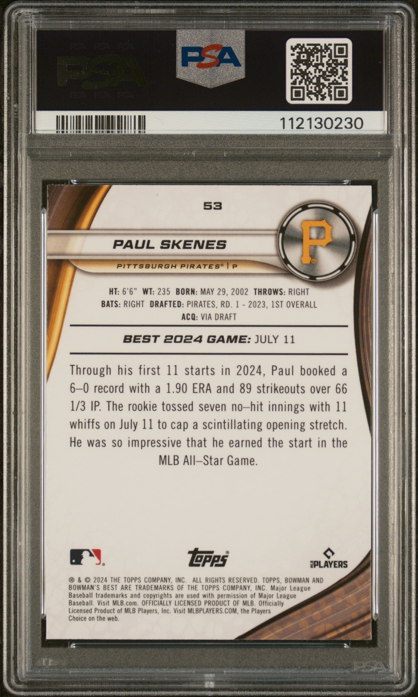 2024 Bowman’s Best Paul Skenes Wave Rookie #53 PSA 10 Pittsburgh Pirates - Graded Sports Cards