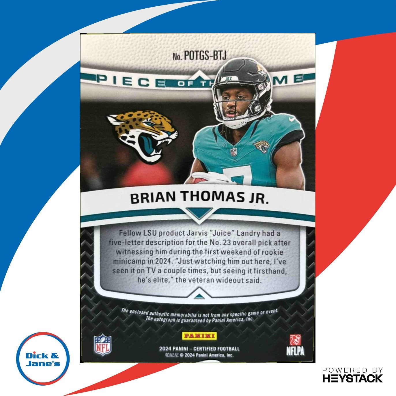 2024 Certified Brian Thomas Piece of the Game Signatures Teal 11/50 Rookie Auto - Sports Cards
