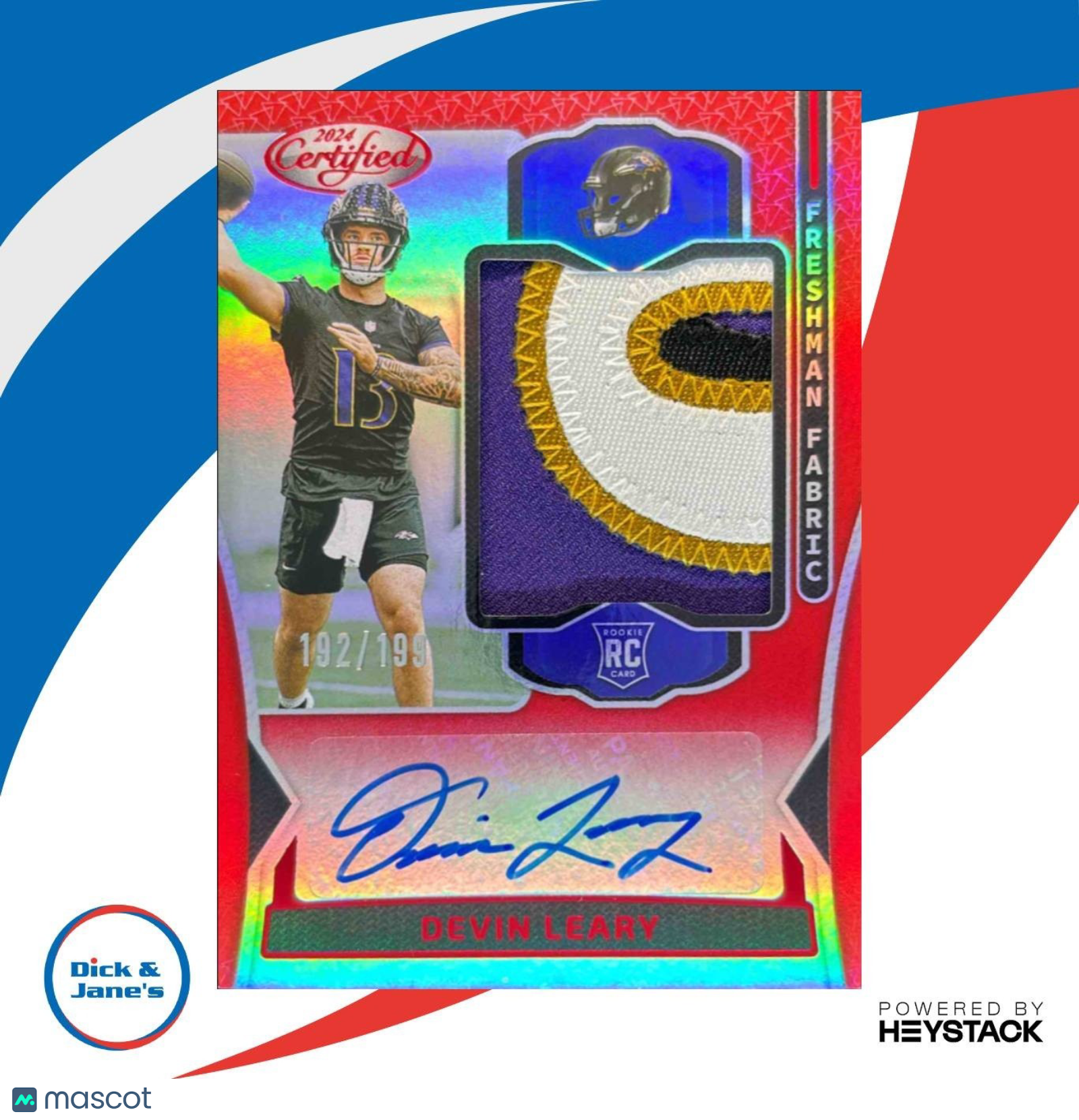 2024 Certified Devin Leary Freshman Fabric Signatures Red /199 Ravens - Sports Cards