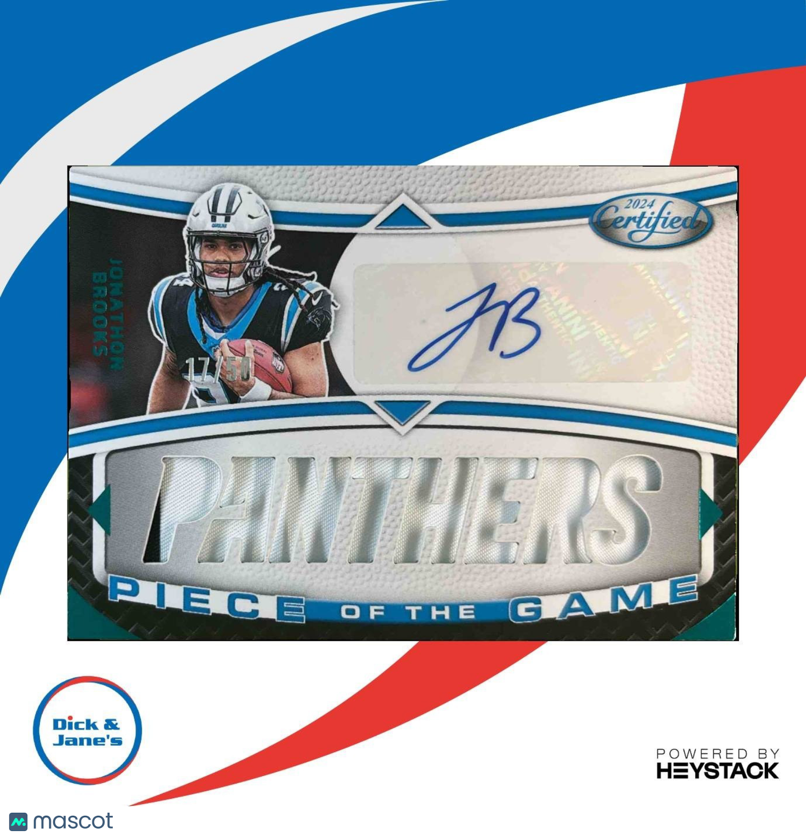 2024 Certified Jonathon Brooks Piece of the Game Signatures /50 MEM RC Panthers - Sports Cards