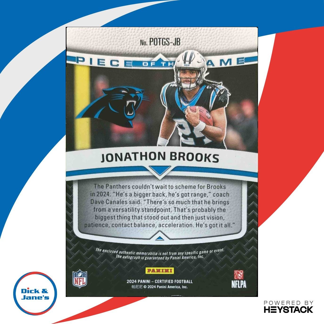 2024 Certified Jonathon Brooks Piece of the Game Signatures /50 MEM RC Panthers - Sports Cards