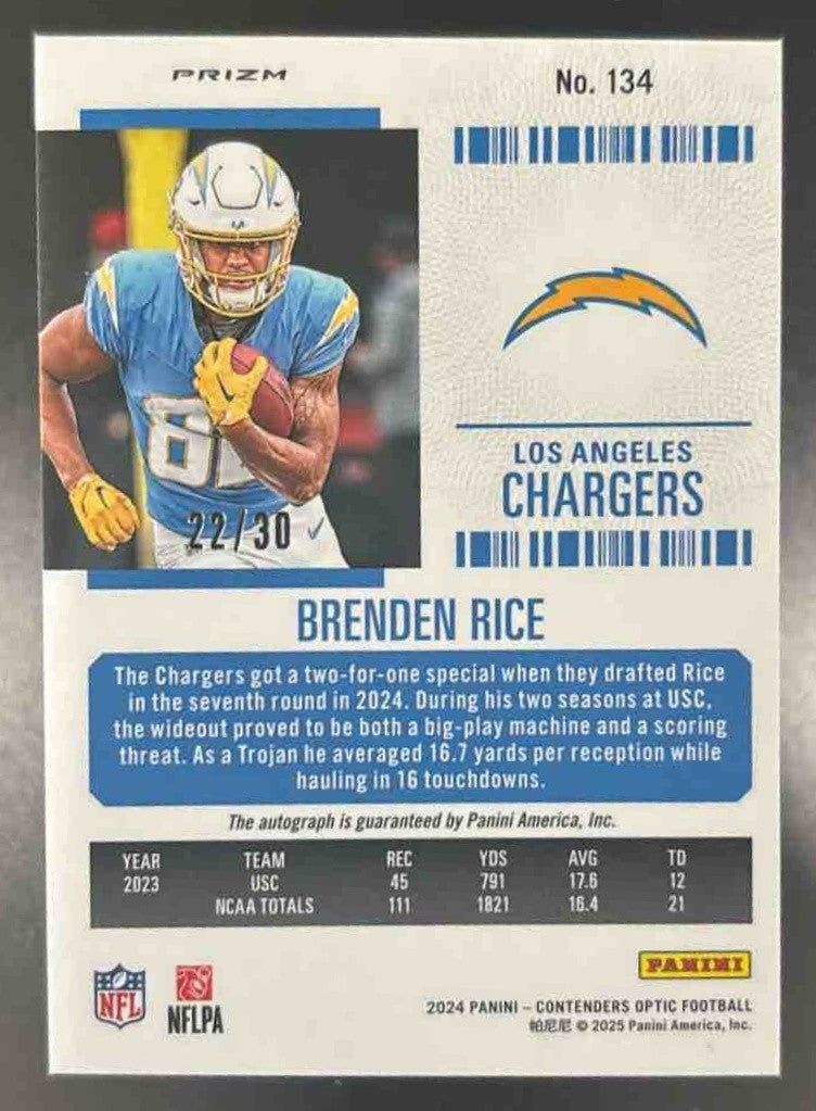 2024 Contenders Optic Brenden Rice RPS Auto Green Pulsar /30 #134 RC Chargers - Sports Cards