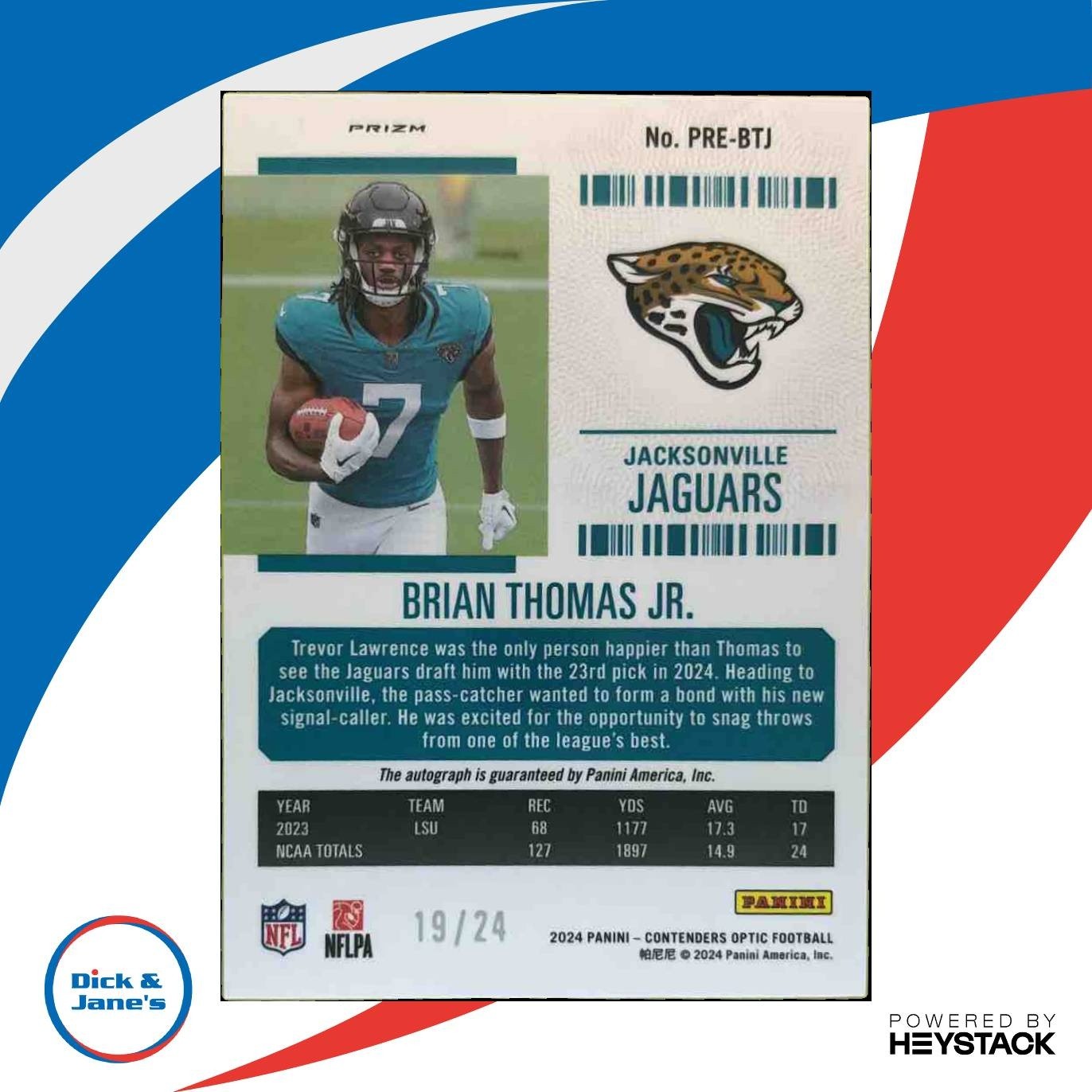 2024 Contenders Optic Brian Thomas Jr. Rookie Ticket Auto Green /24 Jaguars - Sports Cards