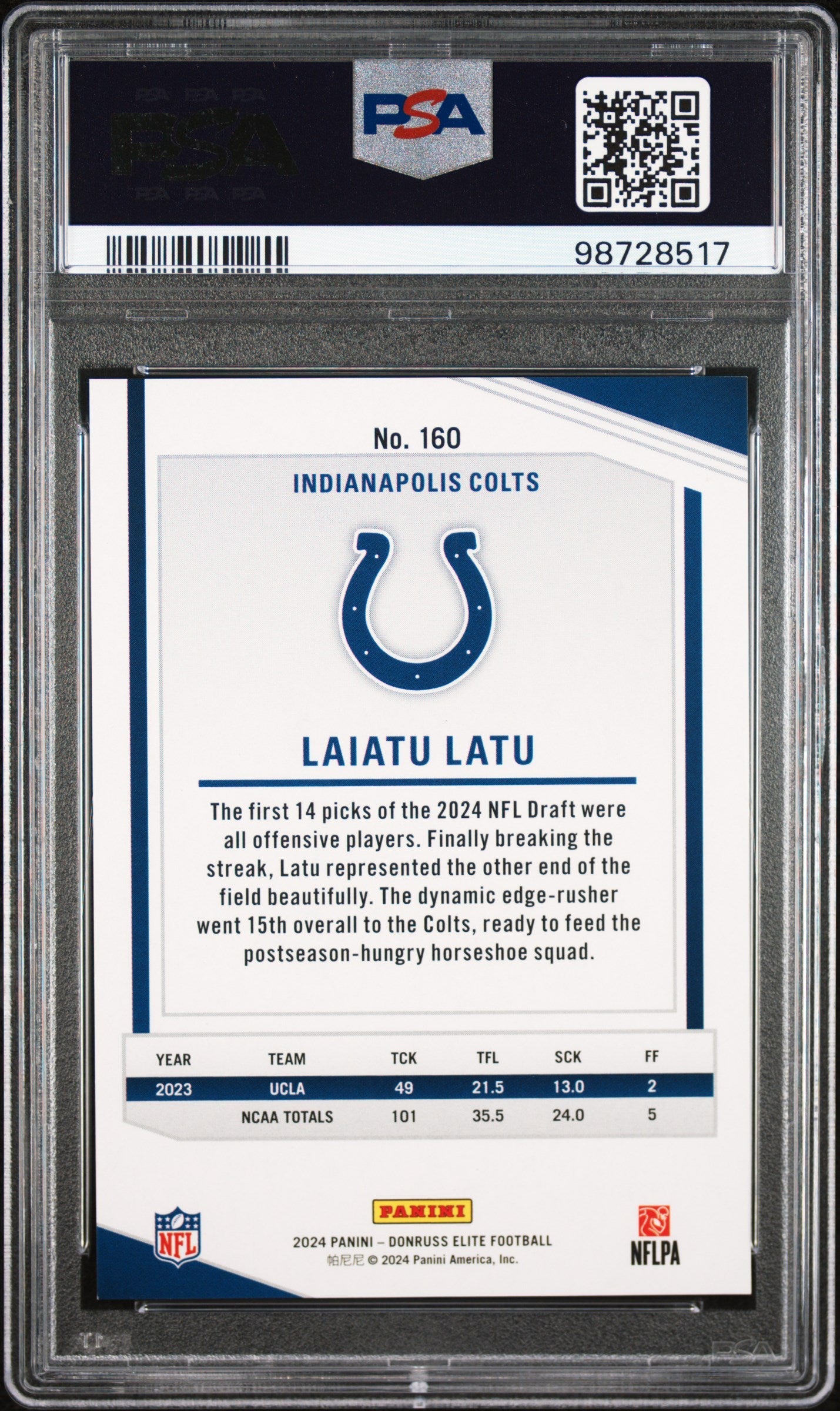 2024 Donruss Elite Laiatu Latu Orange Rookie /399 #160 PSA 8 Indianapolis Colts - Graded Sports Cards