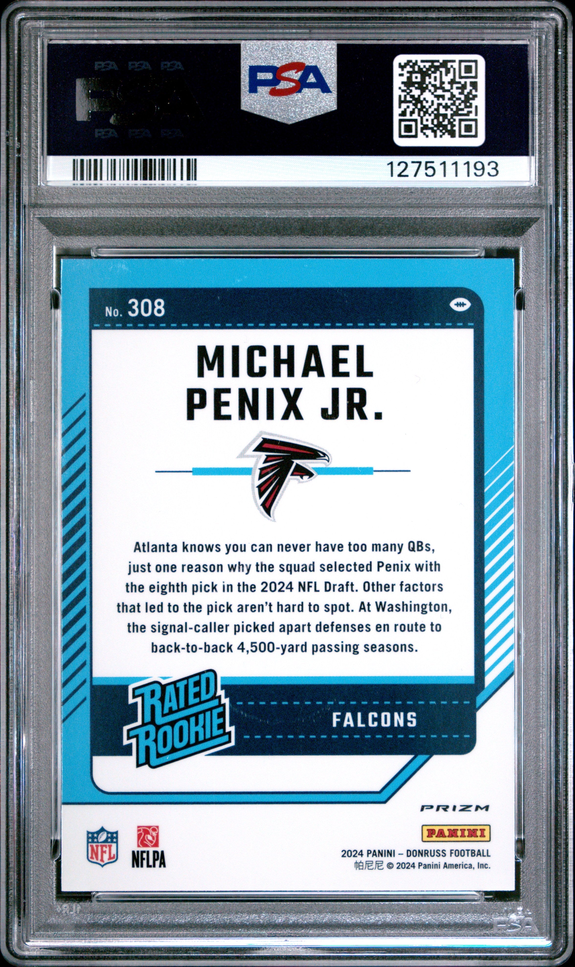 2024 Donruss Michael Penix JR. Optic Preview Pink #308 PSA 10 Atlanta falcons - Graded Sports Cards