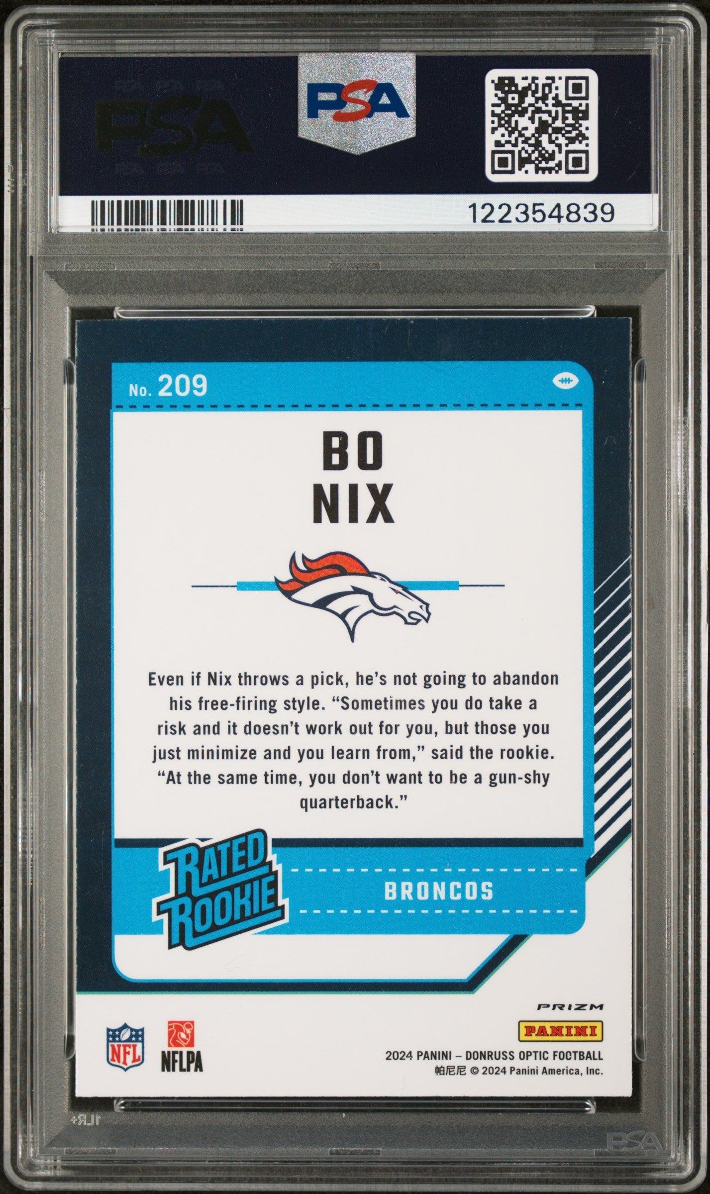 2024 Donruss Optic Bo Nix Blue Hyper Rated Rookie #209 PSA 9 Denver Broncos Graded Sports Cards