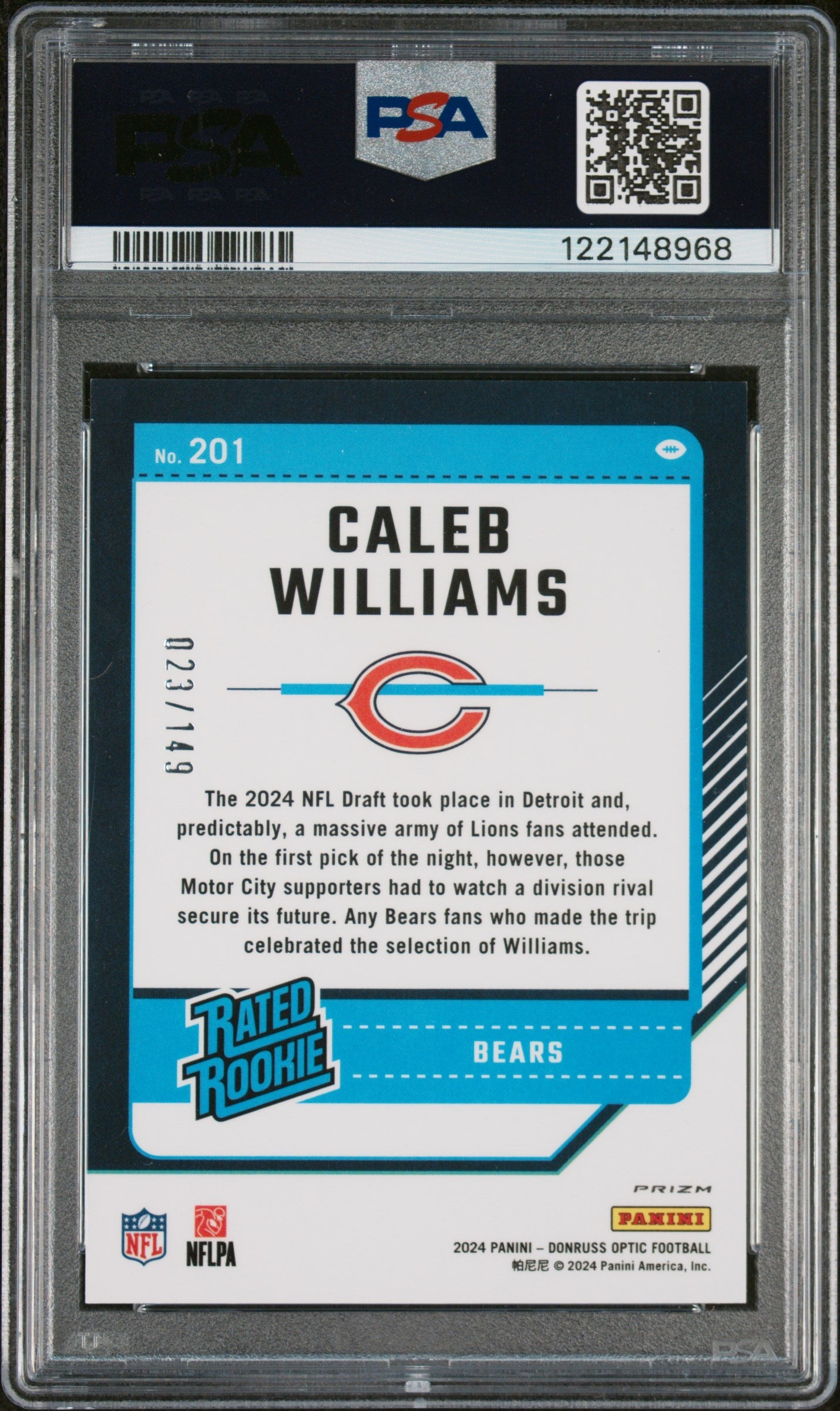 2024 Donruss Optic Caleb Williams Flex Rookie 023/149 #201 PSA 9 Chicago Bears Graded Sports Cards