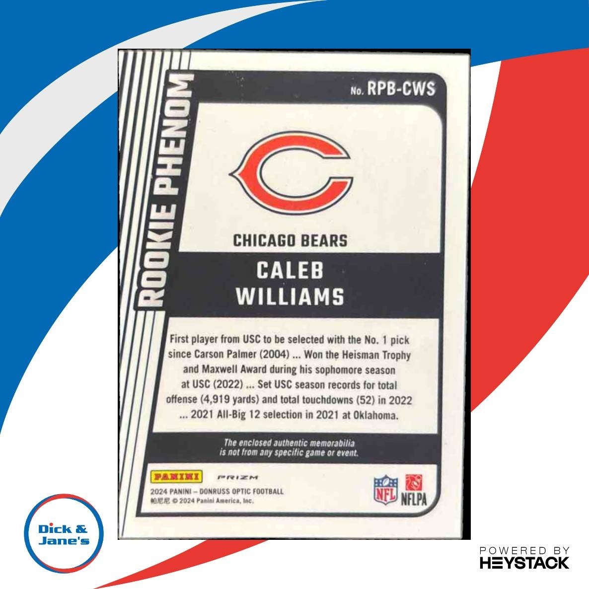 2024 Donruss Optic Caleb Williams Rookie Phenoms Blue Hyper MEM RC Chicago Bears - Sports Cards