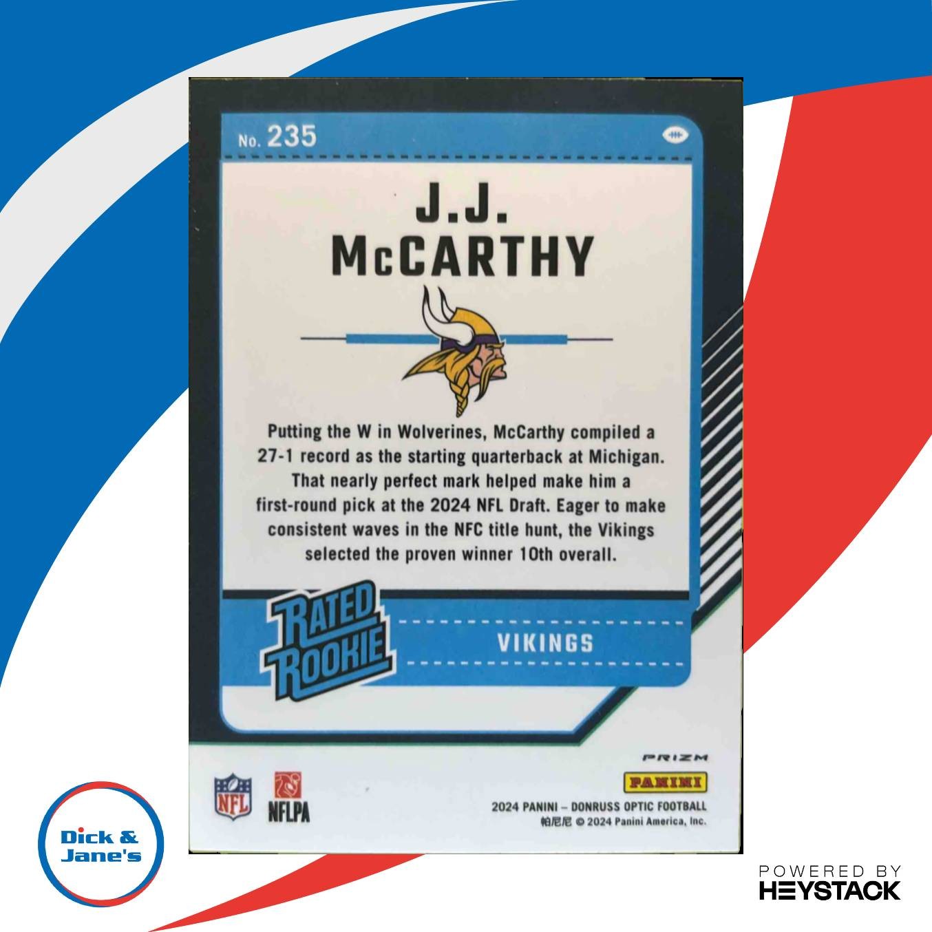 2024 Donruss Optic J.J. McCarthy Holo Silver #235 Rated Rookie Minnesota Vikings Sports Cards