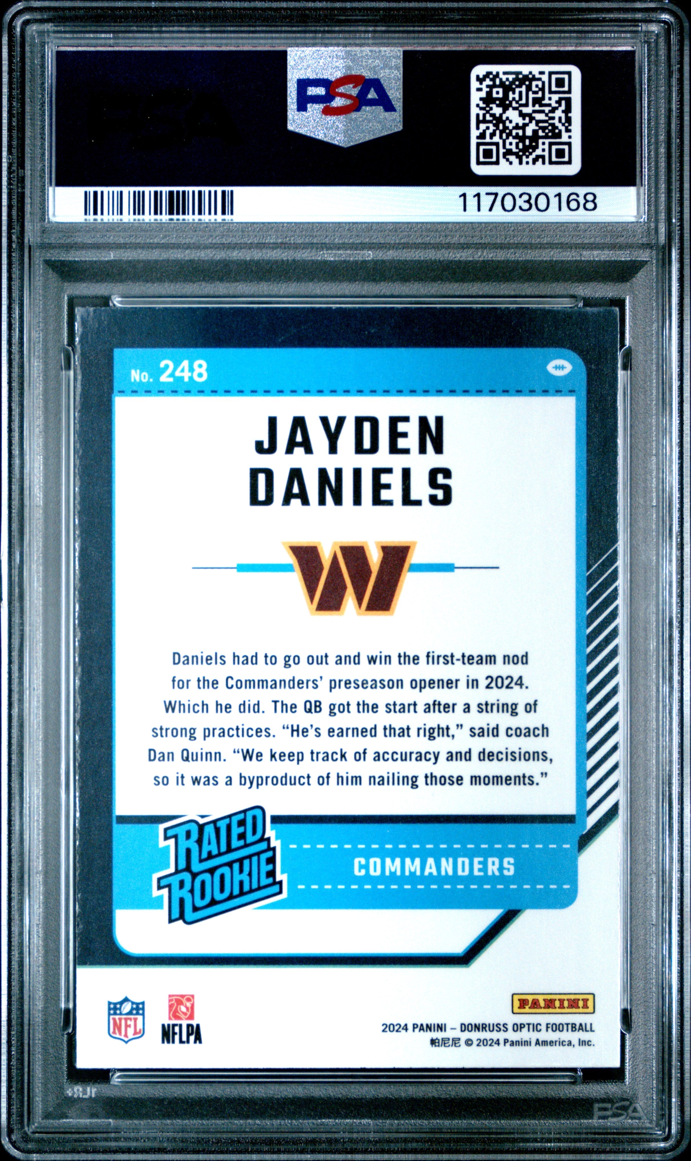 2024 Donruss Optic Jayden Daniels Rated Rookie #248 PSA 9 Washington Commanders Graded Sports Cards