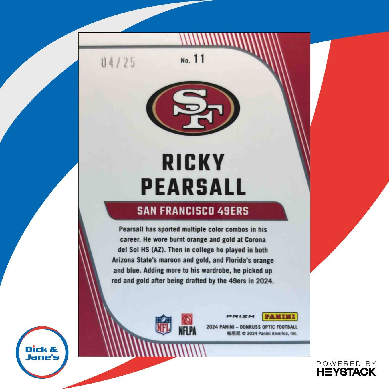 2024 Donruss Optic Ricky Pearsall Primary Colors Purple Stars 4/25 #11 RC 49ers - Sports Cards