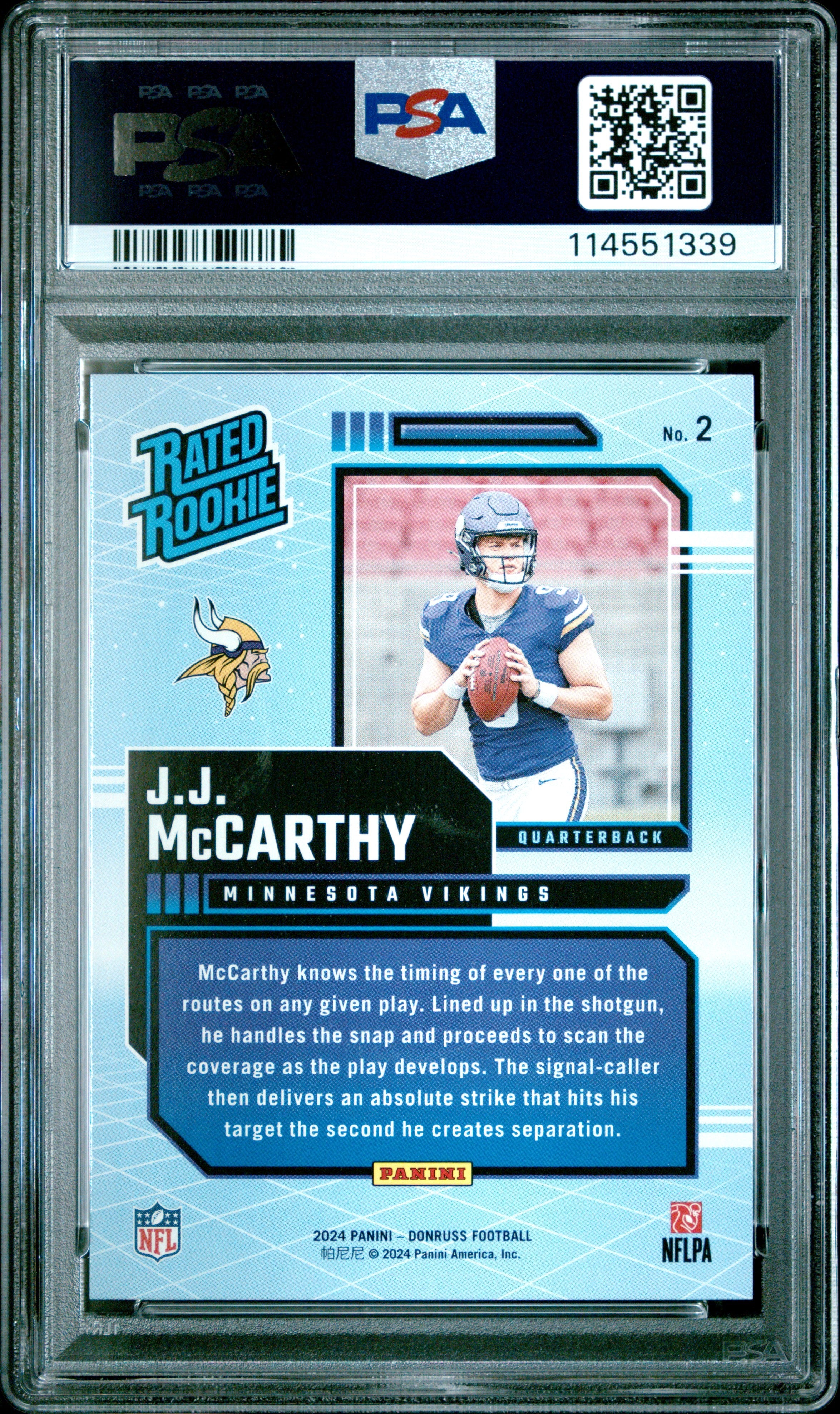 2024 Donruss Rated Rookies Retro JJ Mccarthy Rookie #2 PSA 10 Minnesota Vikings - Graded Sports Cards