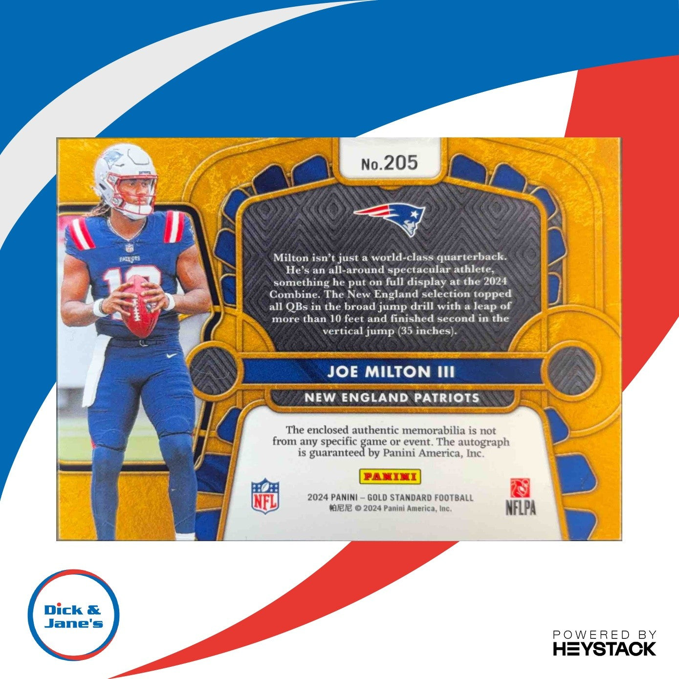 2024 Gold Standard Joe Milton III White 36/49 #205 MEM Auto New England Patriots - Sports Cards