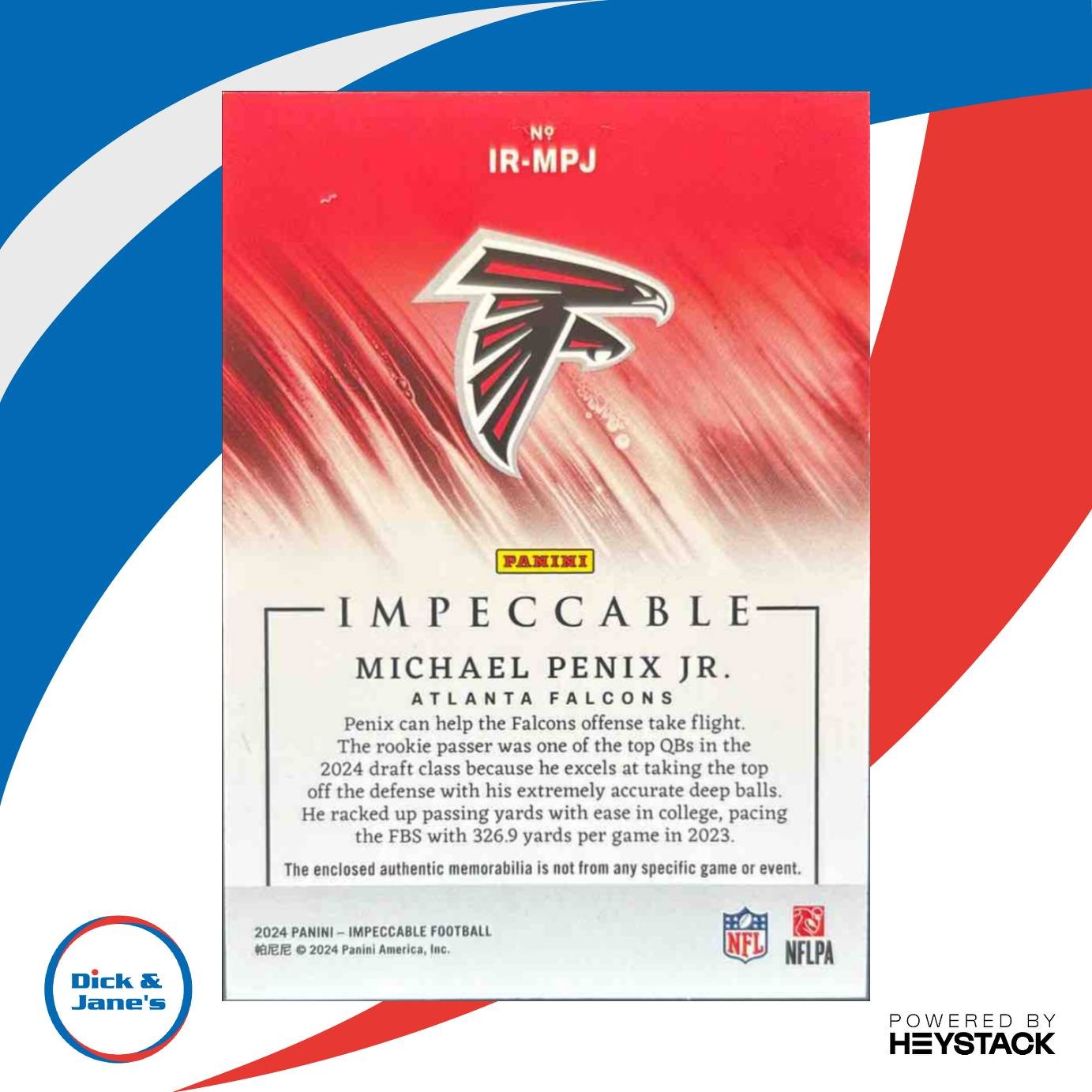 2024 Impeccable Michael Penix Jr ImPatchable Rookies Silver /25 Atlanta Falcons - Sports Cards