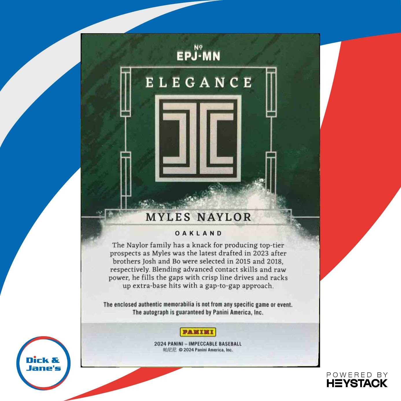 2024 Impeccable Myles Naylor Elegance Prospect Jersey Auto /99 Oakland A’s - Sports Cards