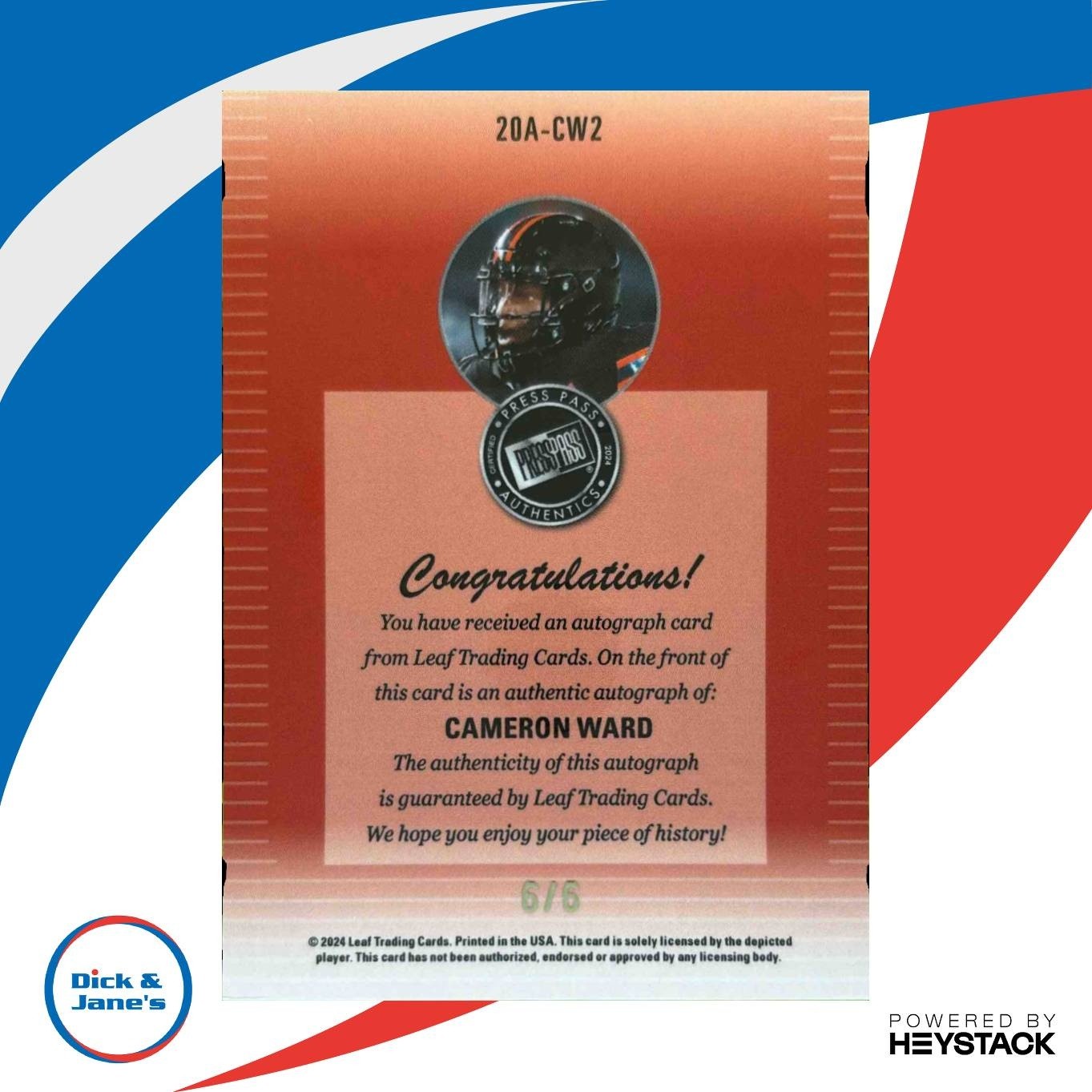 2024 Leaf Collective Cameron Ward Press Pass Auto Shimmer Black /6 Hurricanes - Sports Cards